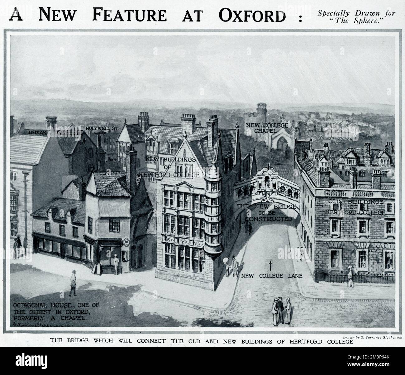 A new feature at Oxford: the bridge which will connect the old and new buildings of Hertford College, New College Lane, Oxford.  The design for the bridge was by the architect Sir T. G. Jackson RA. Stock Photo