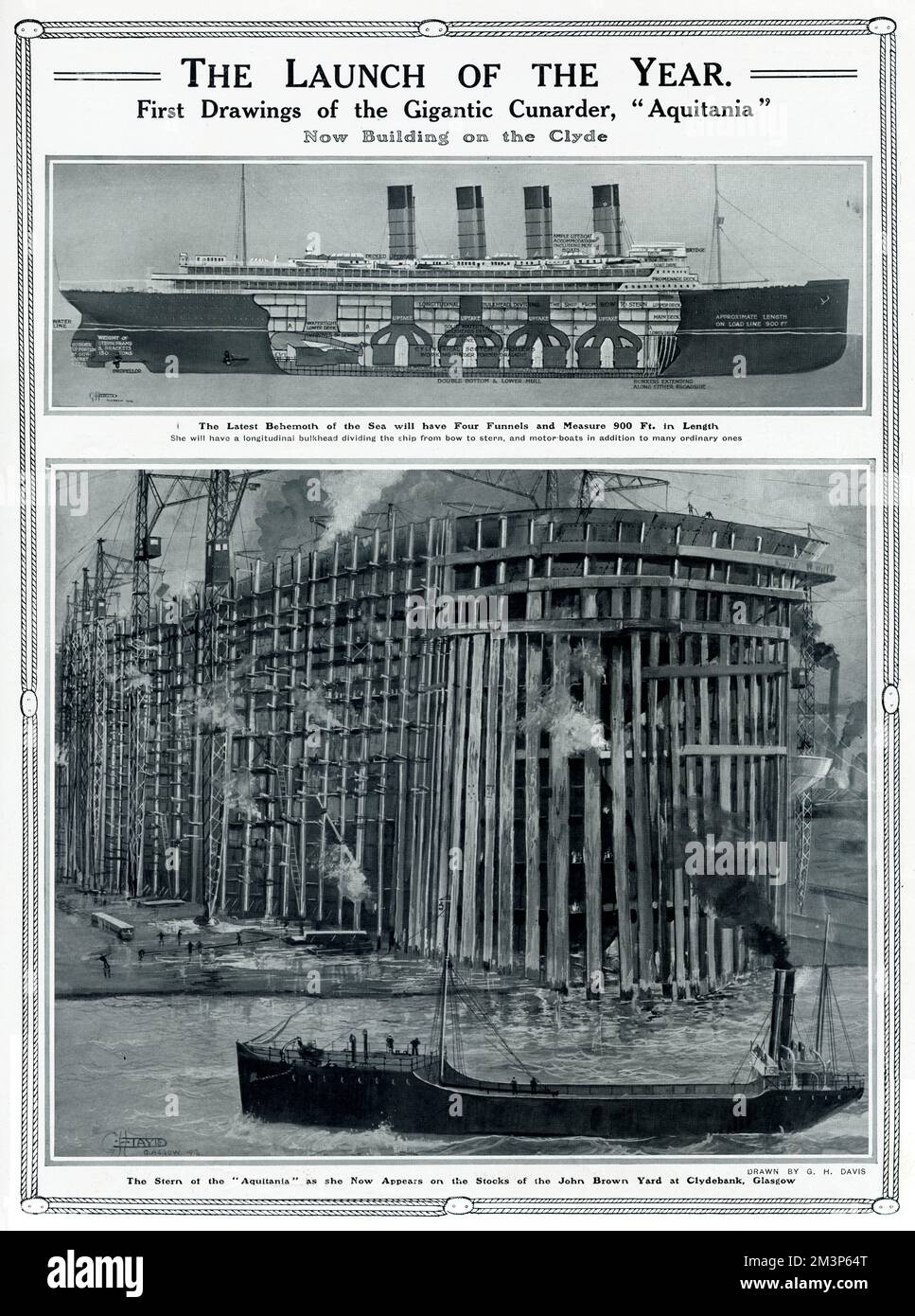 The launch of the year.  First drawings of the gigantic Cunarder, the Aquitania, in the process of being built on the Clyde.  Above: a cross section.  Below: the stern of the ship as she appeared at the time on the stocks of the John Brown yard at Clydebank, Glasgow. Stock Photo
