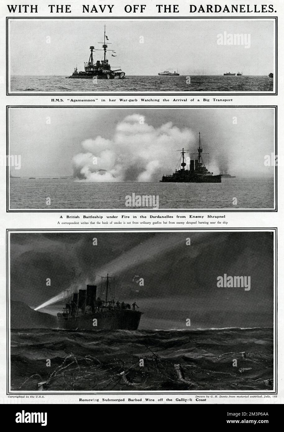 With the British navy off the Dardanelles during the First World War.  Top: HMS Agamemnon and the arrival of a big transport.  Middle: a British battleship under fire from enemy shrapnel.  Bottom: removing submerged barbed wire off the Gallipoli coast.       Date: 1915 Stock Photo