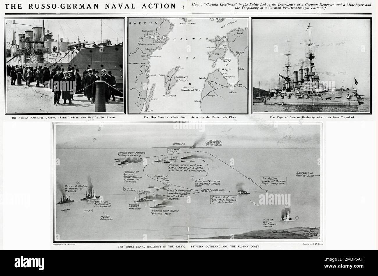Russo-German naval action in the Baltic during the First World War which led to the destruction of a German destroyer and mine layer and the torpedoing of a German pre-dreadnought battleship.  Showing the Russian armoured cruiser Rurik which took part in the action, a key map showing where the action took place, the type of German battleship which was torpedoed, and a drawing of the three naval incidents in the Baltic between Gothland and the Russian coast.      Date: June-July 1915 Stock Photo