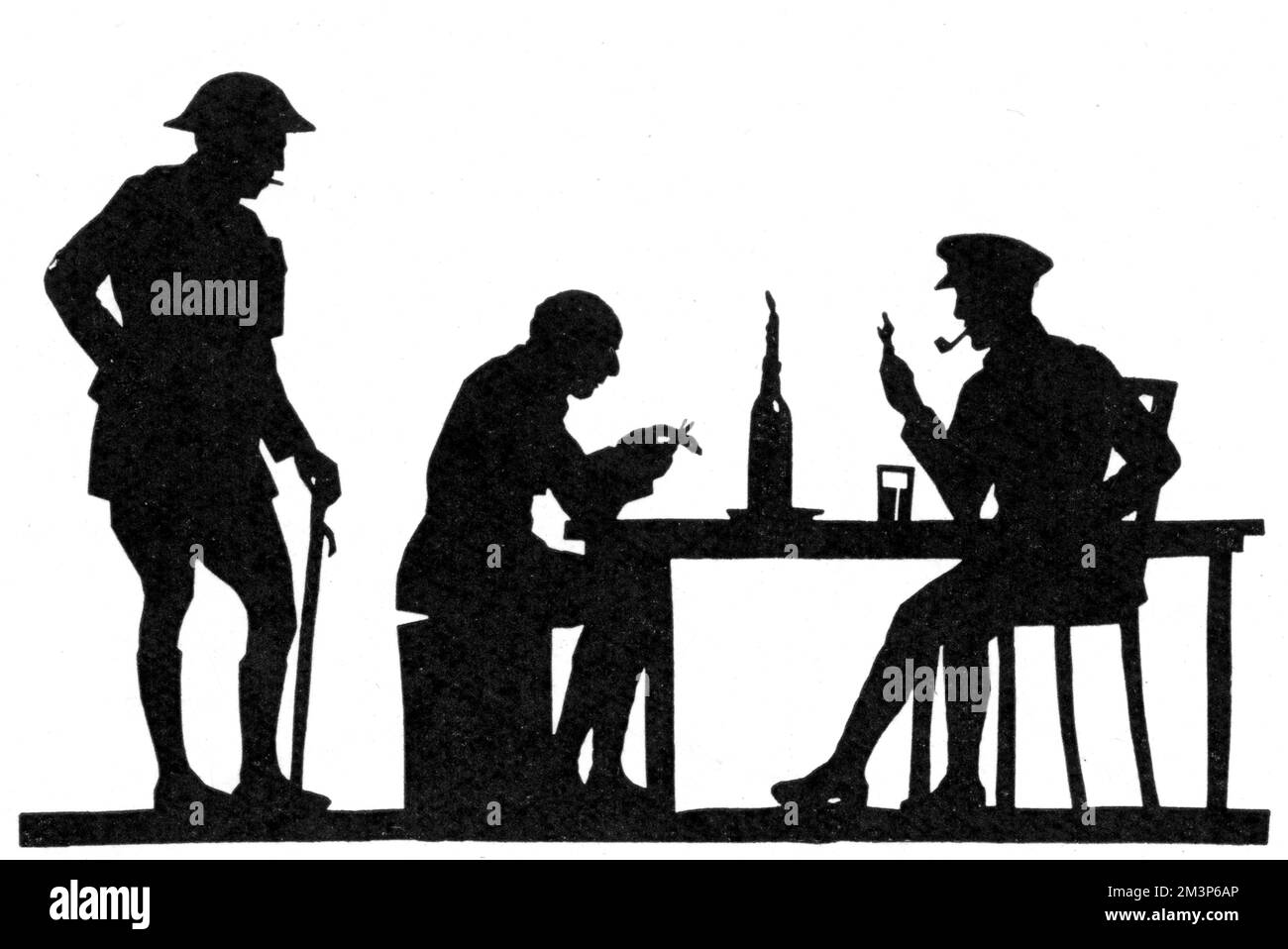 Captain Harry Lawrence Oakley, the famous silhouette artist, pictured cutting the silhouette of a fellow officer in what looks like a dug-out during World War One.      Date: 1920s Stock Photo