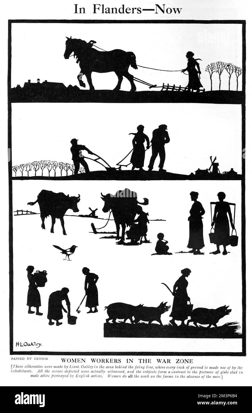 Silhouettes of French women workers made by Lieutenant (later Captain) H. L. Oakley in the area behind the firing line on the Western Front, 'where every inch of ground is made use of by the inhabitants.  All the scenes depicted were actually witnessed, and the subjects form a contrast to the pictures of girls clad in male attire portrayed by English artists.  Women do ALL the work on the farms in the absence of men.'     Date: 1917 Stock Photo