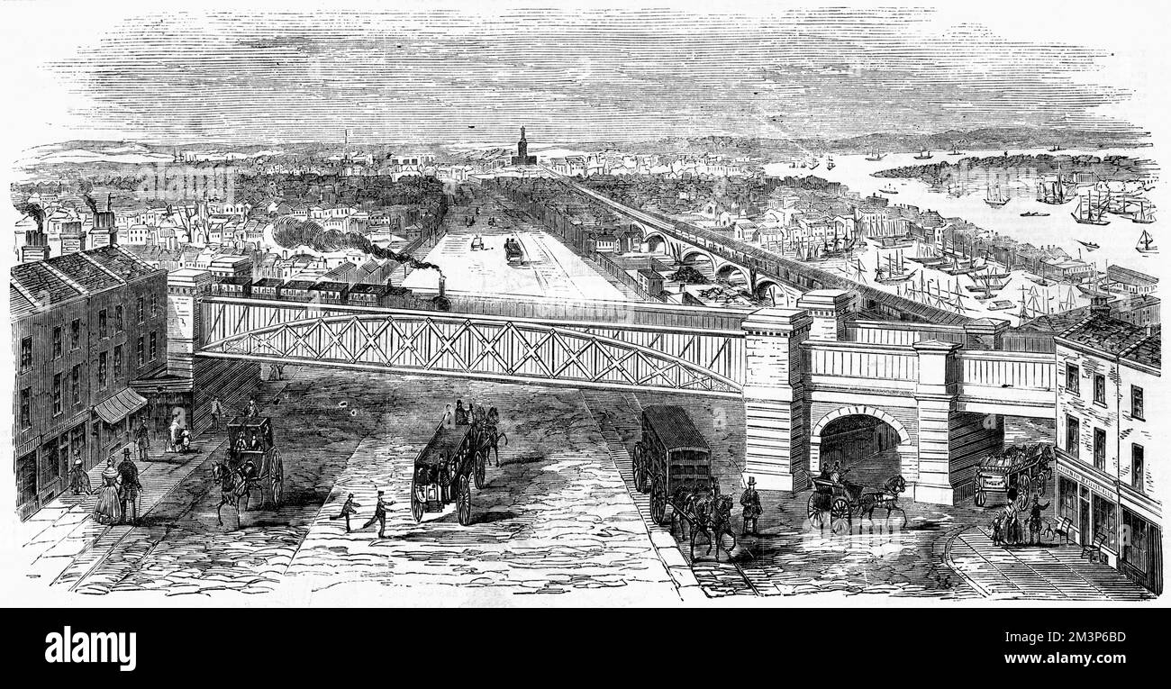 The Bow Spring bridge at Stepney Station, London. Designed by L. Clare and constructed by Messrs. Fox and Henderson, the bridge spans the 80 foot width of Commerical Road, close to where the Camden Town and Blackwall Railways meet.   1851 Stock Photo