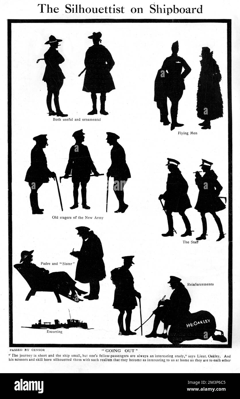 A page of silhouettes by the famous silhouette artist, Captain H. L. Oakley taken on board a ship back to France in 1917 where he was to rejoin the 8th Battalion.  Figures include a Royal Flying Corp officer, staff officers, a padre and a nurse.      Date: 1917 Stock Photo