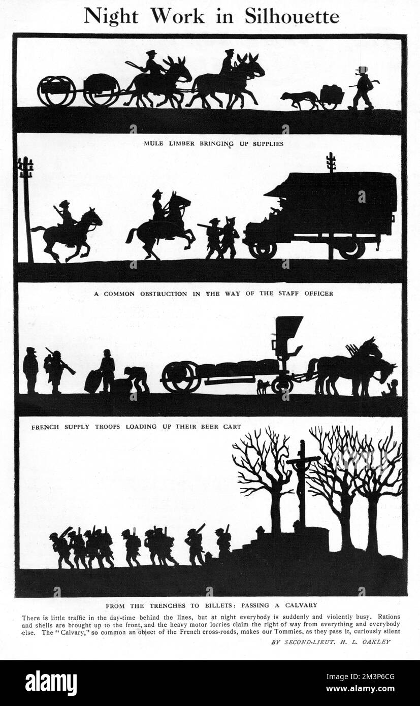 A series of silhouette vignettes by H. L. Oakley depicting night time activity behind the British lines during World War One.  Silhouettes show mules pulling supplies, a large truck obstructing the path of officers on horseback, French troops loading up their beer cart and British troops, moving from trenches to billets, passing a calvary at a cross roads.       Date: 1916 Stock Photo