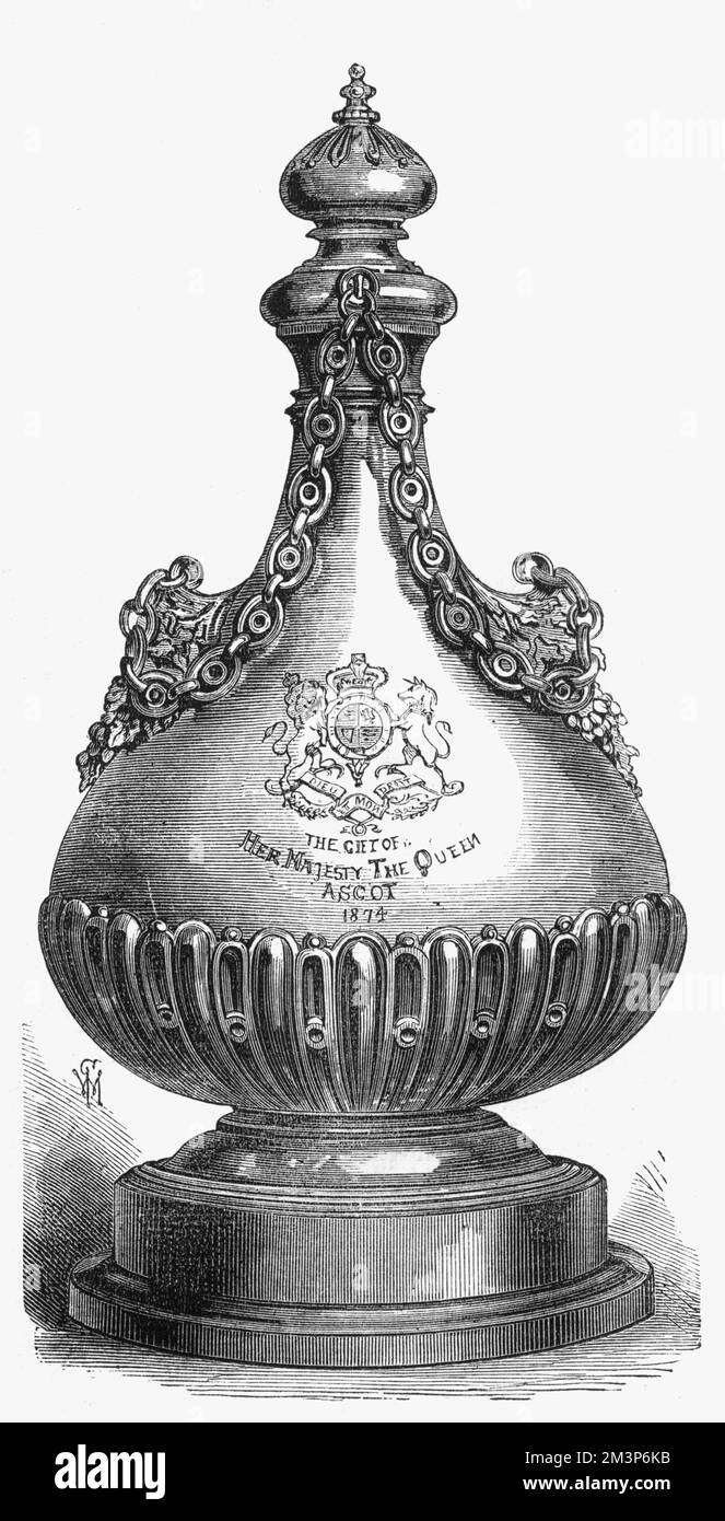 The Queen's gold vase, given by Queen Victoria as a prize for one of the Ascot races in 1874. A large gold flagon in the style of Queen Anne's time, made by R. &amp; S. Garrard &amp; Co.     Date: 1874 Stock Photo