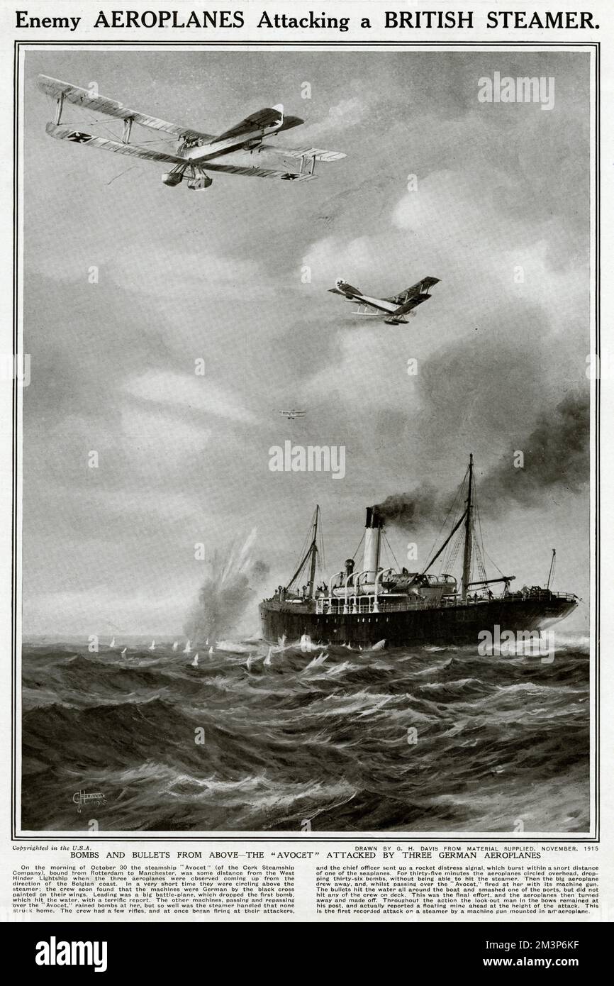Enemy aeroplanes attacking a British steamer.  Bombs and bullets from above -- the Avocet attacked by three German planes during the First World War.  The steamship was on its way from Rotterdam to Manchester.  All the bombs dropped missed their target, and the ship's crew fired rifles at their attackers.  The planes eventually turned away.      Date: 30 October 1915 Stock Photo
