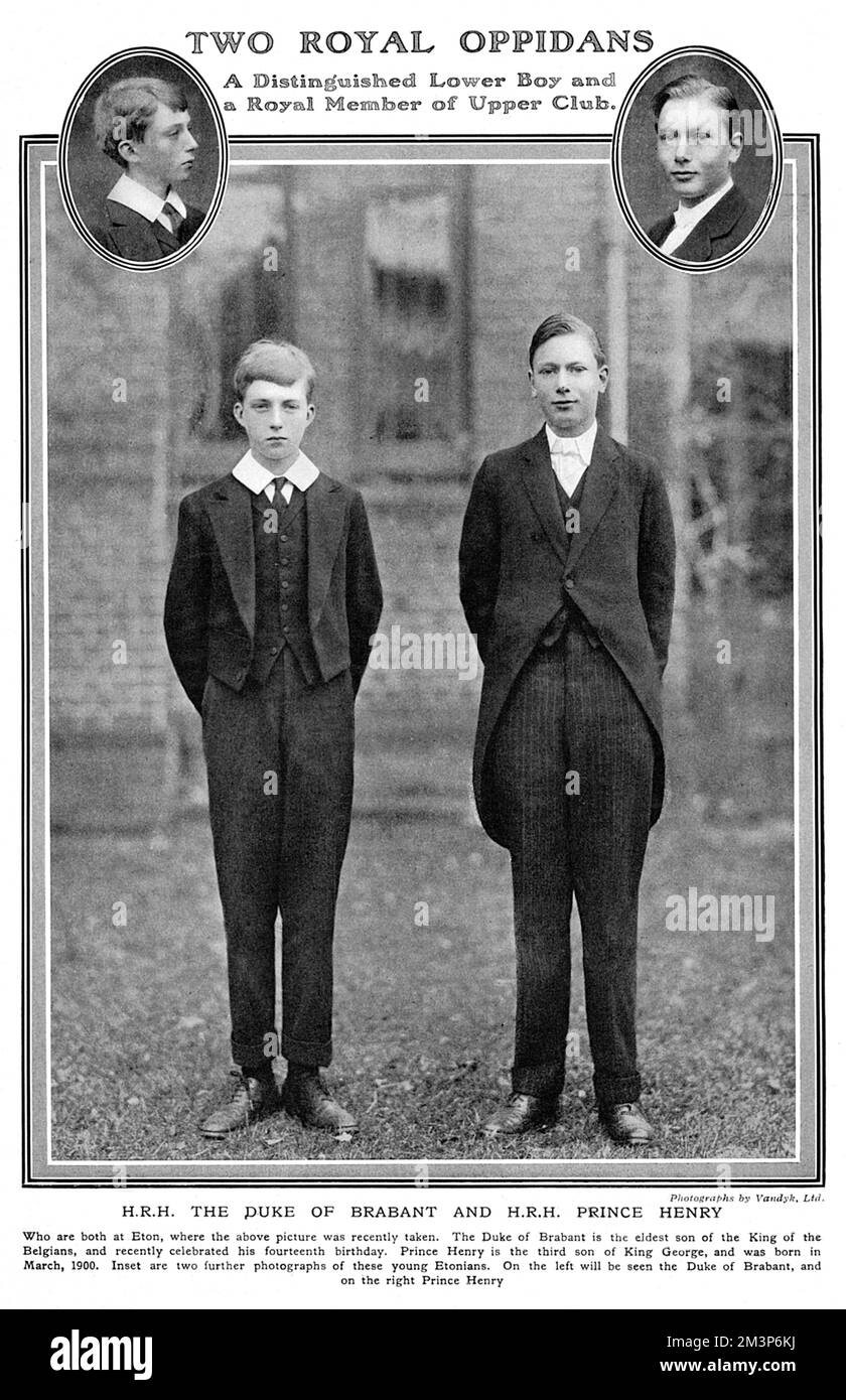 Prince Henry, Duke of Gloucester (1900-1974), third son of King George V and Queen Mary, pictured in uniform at Eton with the Duke of Brabant, later King Leopold III (1901-1983), eldest son of Albert I, King of the Belgians.       Date: 1915 Stock Photo