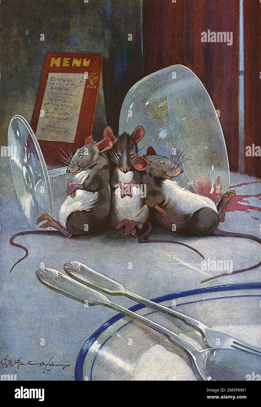 Three little mice, somewhat the worse for wear having polished off a glass of wine at an empty restaurant table.       Date: 1915 Stock Photo