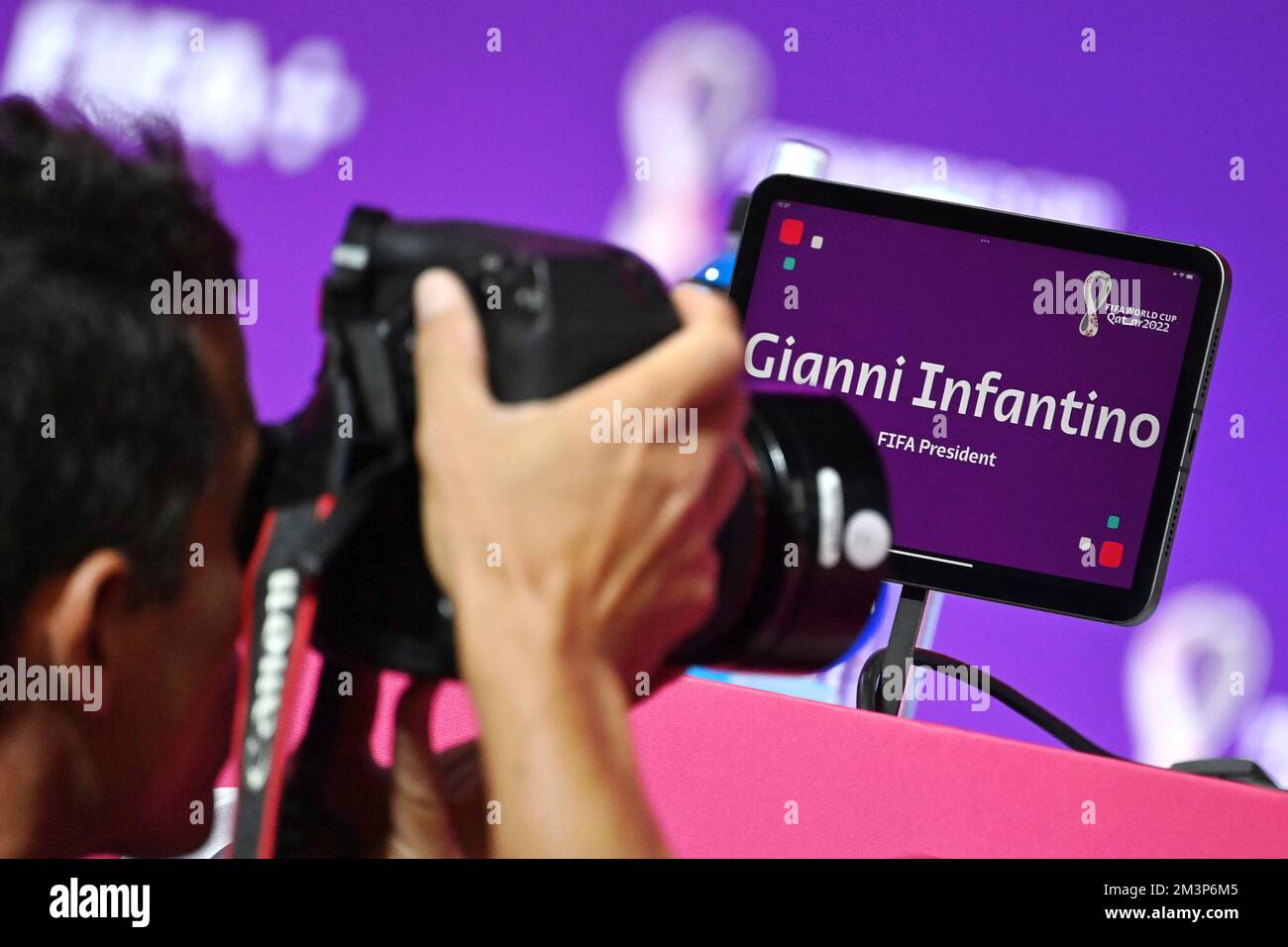 Doha, Qatar. 16th Dec, 2022. 2022 FIFA World Cup Press Conference before  Final Games Dec 16th. Gianni Infantino, President of FIFA speaking to the  press Credit: Action Plus Sports Images/Alamy Live News