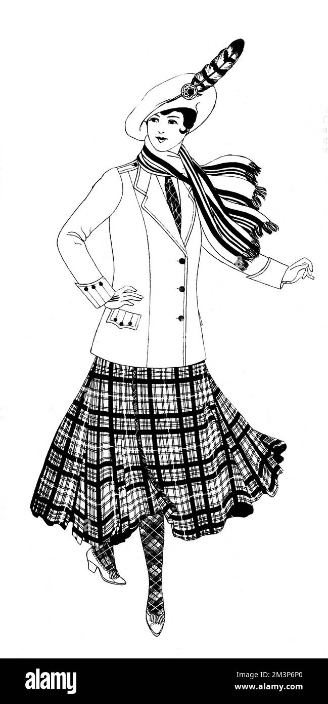 A smart tailored suit for ladies with a tartan kilted skirt and cheviot coat from Scott Adie's, of Regent Street, London.  According to The Tatler, it is cut to give a remarkable neat appearance at the waist and over the hips.  'The well-fitting coat is carried out in cheviot serge to match the predominating shade in the tartan, the silk scarf and hose likewise being in harmony.  The scheme is completed with a white tam o'shanter decorated with a brooch and golden eagle feather.  Cut in accordance with the latest fashion, they are nice adn full and give perfect freedom.       Date: 1915 Stock Photo