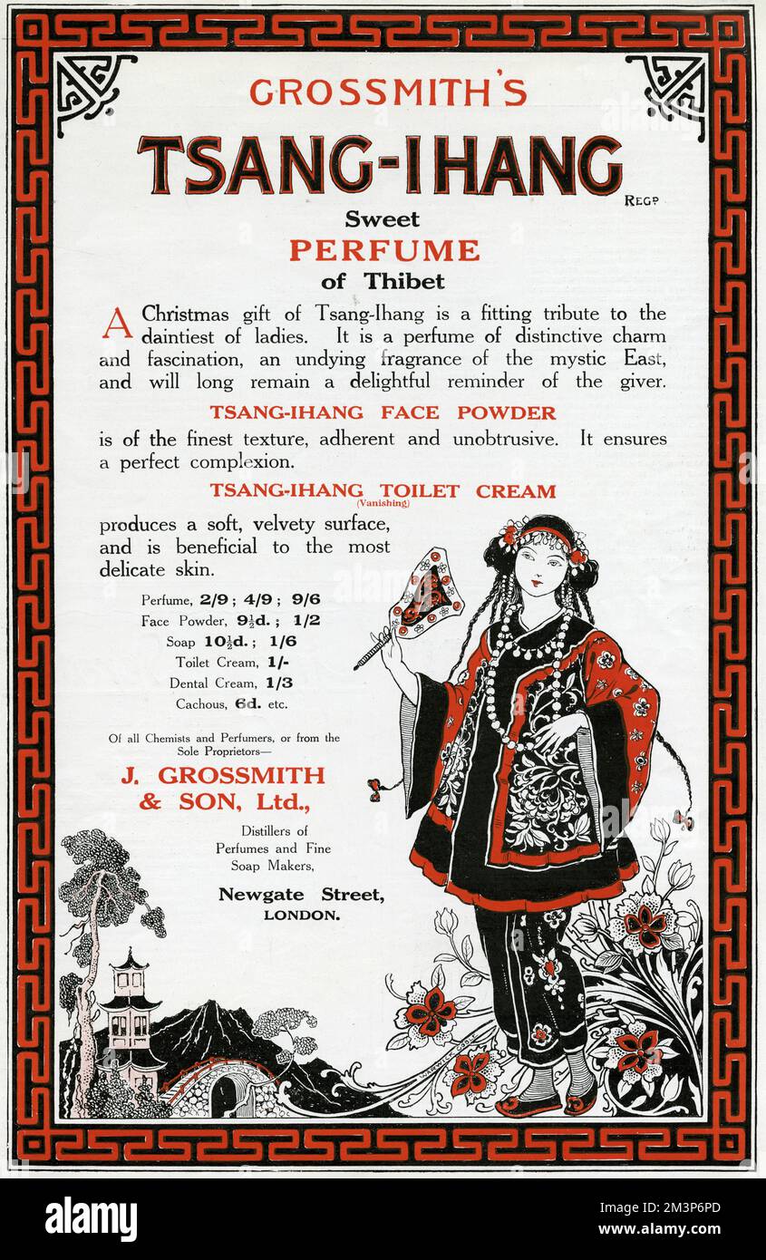 Grossmith's Tsang-Ihang sweet perfume of Thibet.  A perfume of distinctive charm and fascination, an undying fragrance of mystic East, and will long remain a delightful reminder of the giver.     Date: 1923 Stock Photo