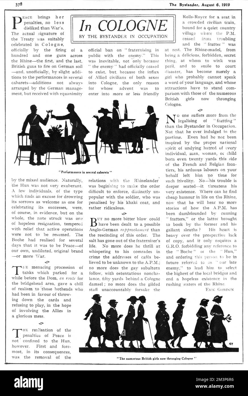 A page showing The Bystander magazine's regular column in 1919 - The Bystander in Occupation - reporting on news from occupied Germany in the aftermath of World War One.  Written by Eric Gordon who was in Cologne, with illustrations by the silhouette artist, Captain H. L. Oakley who was in England at the time.  Pictures show British officers in a German restaurant, and British women in various services.     Date: 1919 Stock Photo