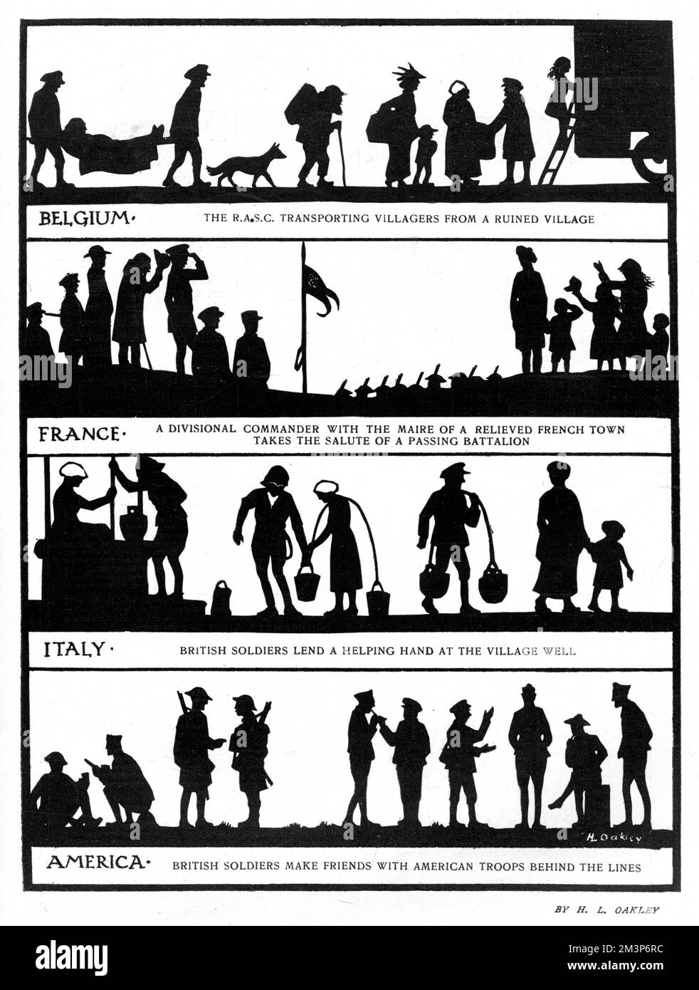 Scenes in silhouette showing how British soldiers helped their Allies during World War One.  In Belgium, the R.A.S.C transported villagers from a ruined village.  In France, a divisional commander with the mayor of a relieved French town takes the salute of a passing battalion.  In Italy, British soldiers help out the local ladies at a well and with America, the British make friends with American soldiers behind the lines.      Date: 1919 Stock Photo