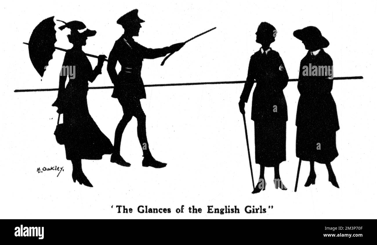 Silhouette of a British Army officer receiving admiring glances. Illustration to accompany the Bystander magazine's regular Bystander in Occupation column by Eric Ford and with silhouettes by Captain H. L. Oakley.       Date: 1919 Stock Photo