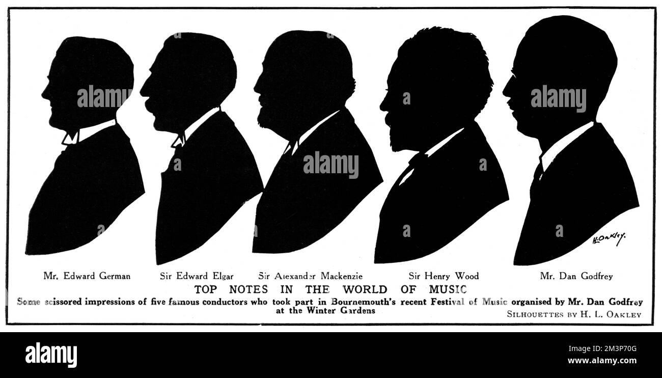 Five famous conductors who took part in Bournemouth's Festival of Music organised by Mr Dan Godfrey at the Winter Gardens.  From left, Mr Edward German, Sir Edward Elgar, Sir Alexander Mackenzie, Sir Henry Wood and Mr Dan Godfrey     Date: 1922 Stock Photo