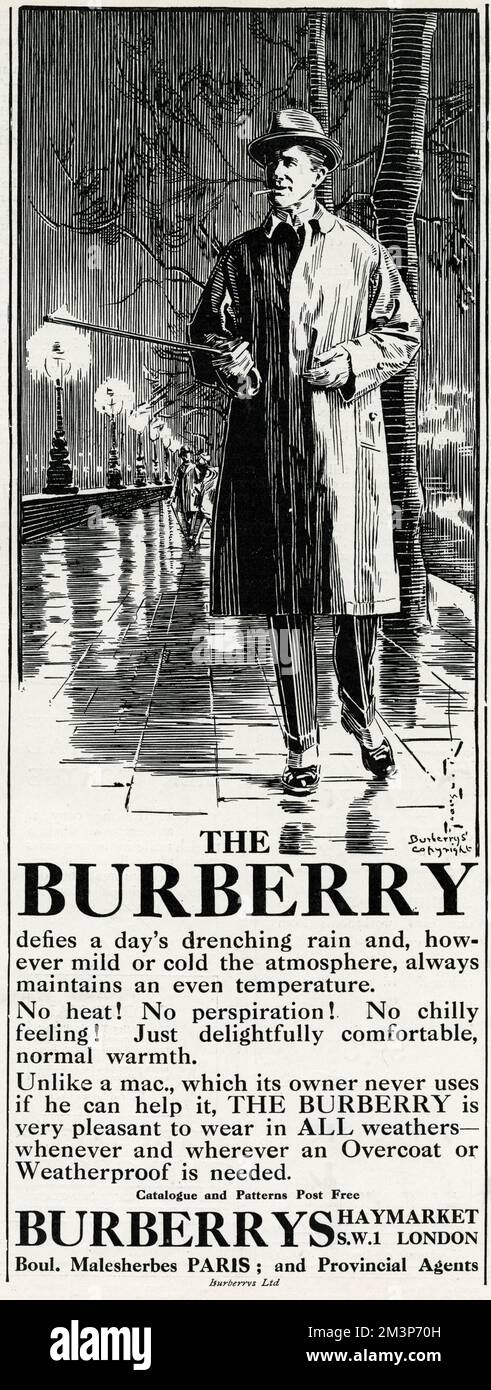 The Burberry defies a day's drenching rain and how, ever mild or cold the atmosphere, always maintains an even temperture.  1924 Stock Photo