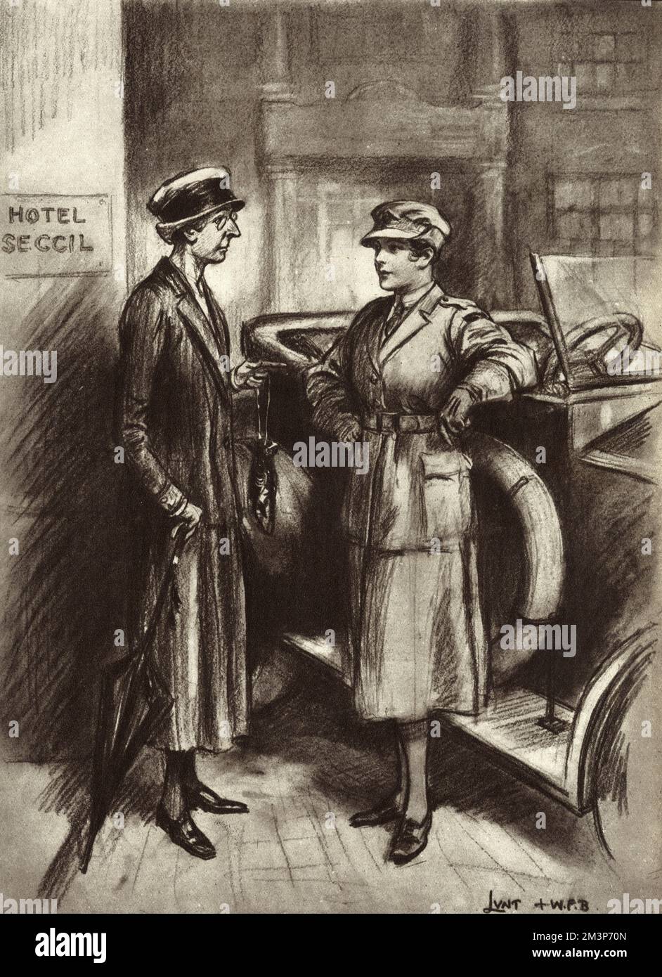 An ex-WRAF (Women's Royal Air Force) worker asks her pretty friend who is still in uniform and acting as a driver, 'I wonder why they demobbed me before you?  Don't you, Maude.'     Date: 1919 Stock Photo