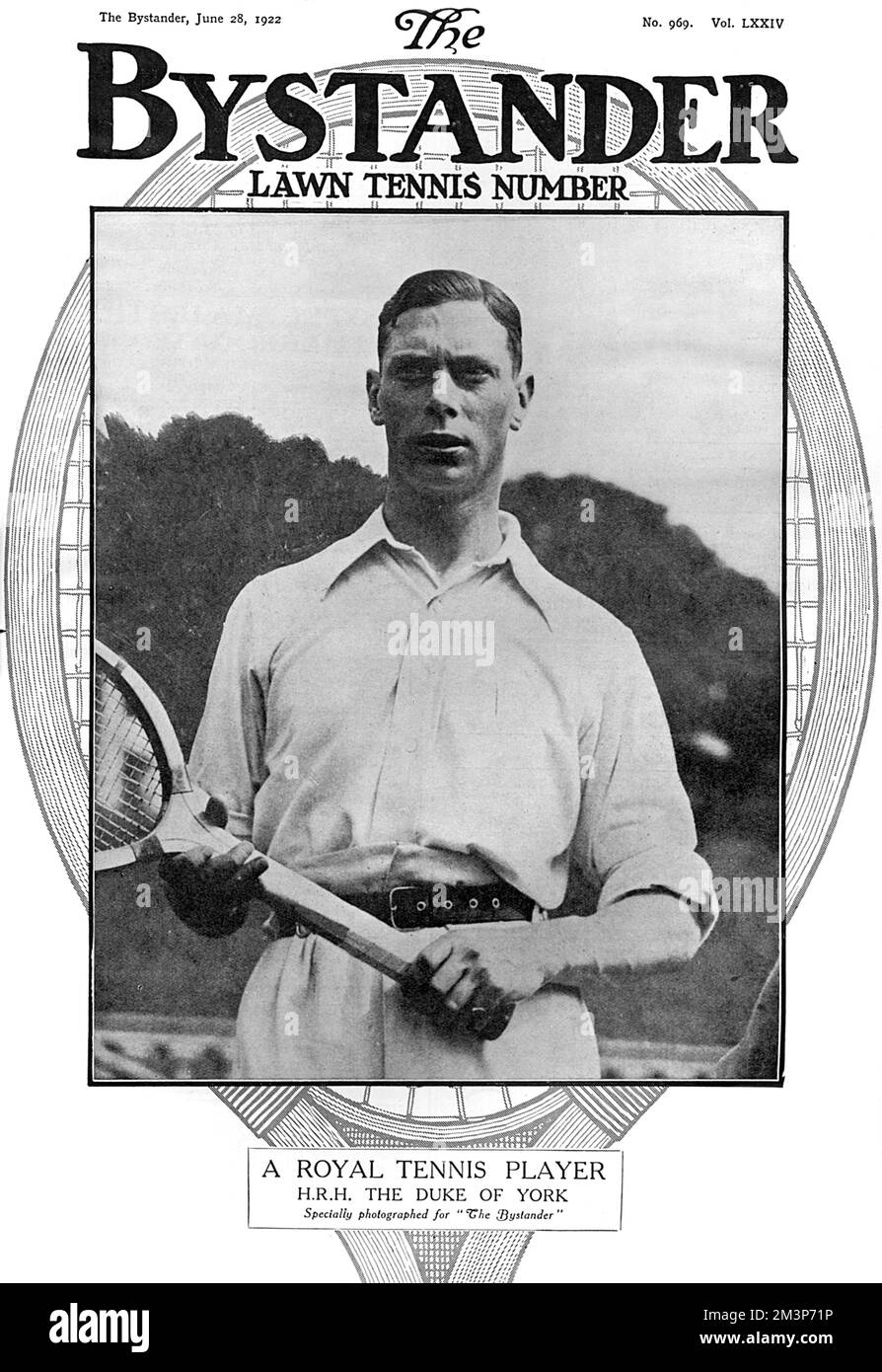 Front cover of The Bystander magazine featuring Prince Albert, Duke of York -the future King George VI - as a tennis player.  The Duke was a keen player and partnered Sir Louis Greig, entering the men's doubles competition at Wimbledon in 1926.  The pair were knocked out in the first round by Arthur Gore and Herbert Roper Barrett.     Date: 1922 Stock Photo