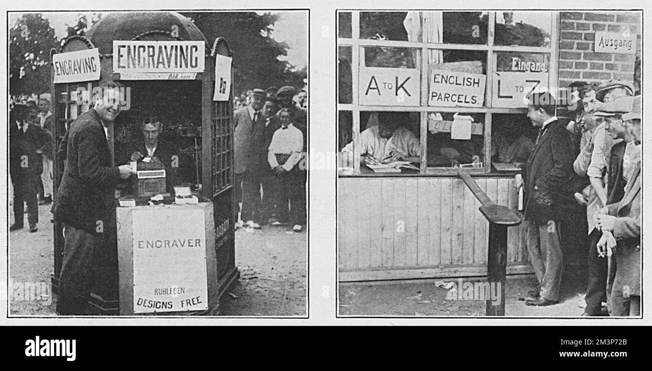 Incidents in the life at the civilian internment camp at Ruhleben, showing an engraver's kiosk and the office for distributing the eagerly-awaited parcels from England.  The Ruhleben camp was located about 10km west of Berlin and was originally a racecourse.  It was converted during the First World War to accommodate around 5000 civilians (mainly British) who were in Germany at the outbreak of war, as well as captured crew of fishing trawlers and other civilian ships.  The German authorities adhered to the Geneva Convention and the detainees in the camp were allowed to administer their own aff Stock Photo