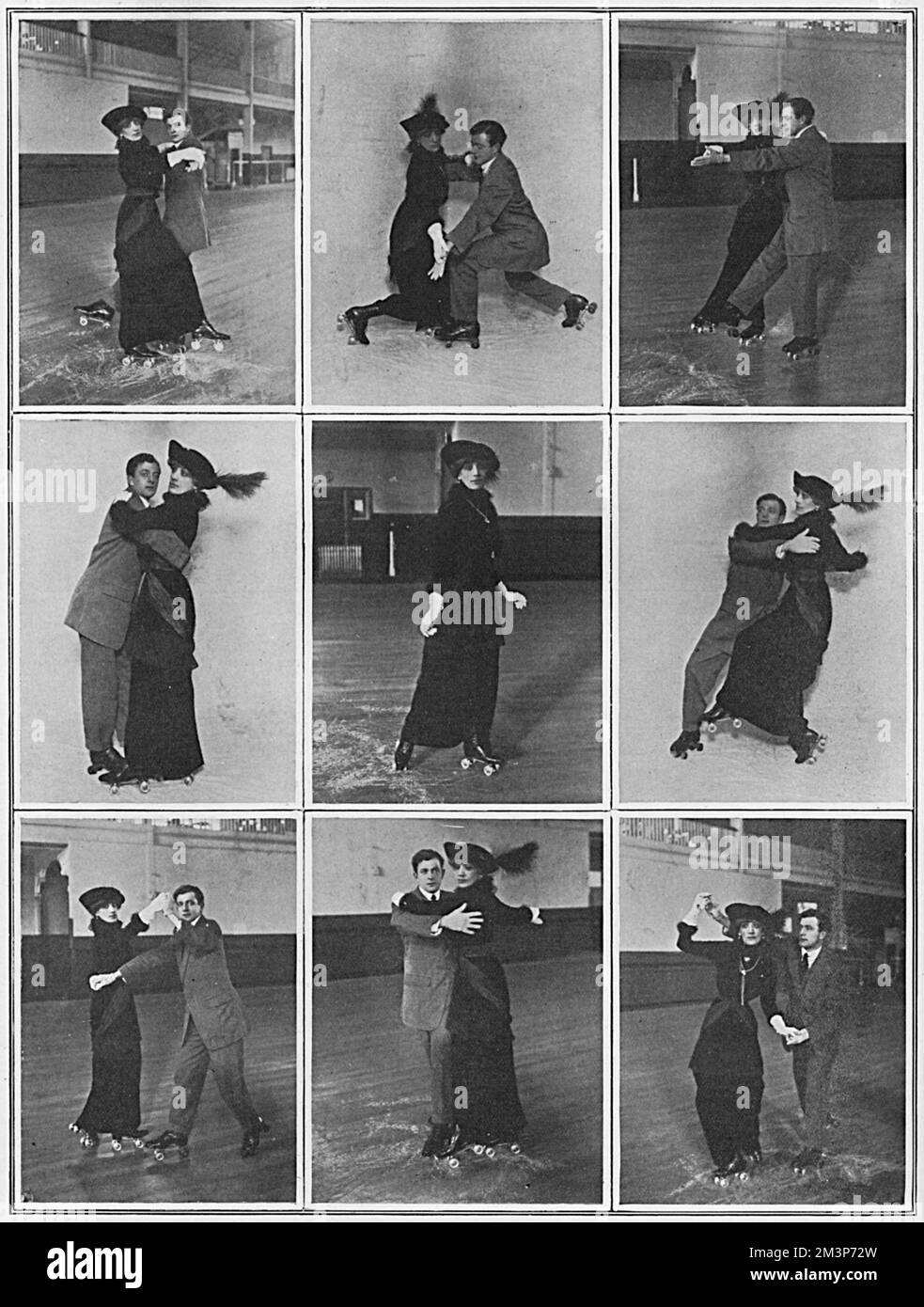 Mrs Philips Roberts and Mr S. H Easton embrace the latest dance craze by perform the notoriously complicated tango, but on rollers skates, at the Holland Park Hall Rink.     Date: 1913 Stock Photo