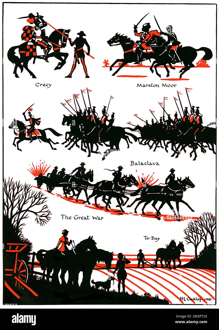 Views of the horse through history in silhouette by Captain Harry Lawrence Oakley including a knight on horseback at the Battle of Crecy, Roundheads and Cavaliers fighting it out at the Battle of Marston Moor, the Battle of Balaclava, horses used in the First World War and a more tranquil and bucolic purpose for the horse - on a farm, ploughing furrows.     Date: 1941 Stock Photo