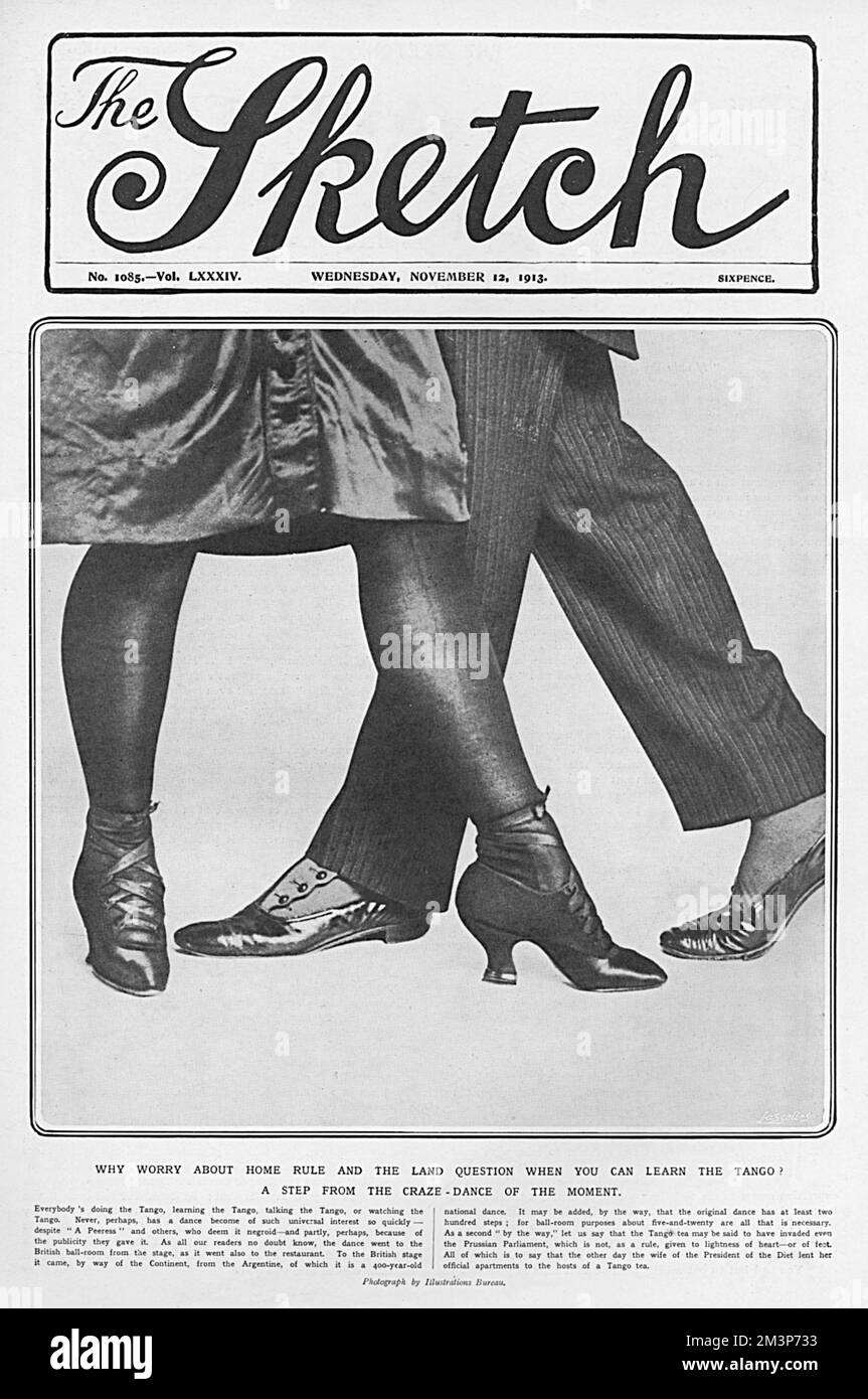 A front cover of The Sketch, showing the entwined legs of two dancers performing a step from the tango.&quot; Why worry about home rule and the land question, when you can learn the tango?&quot;     Date: 1913 Stock Photo