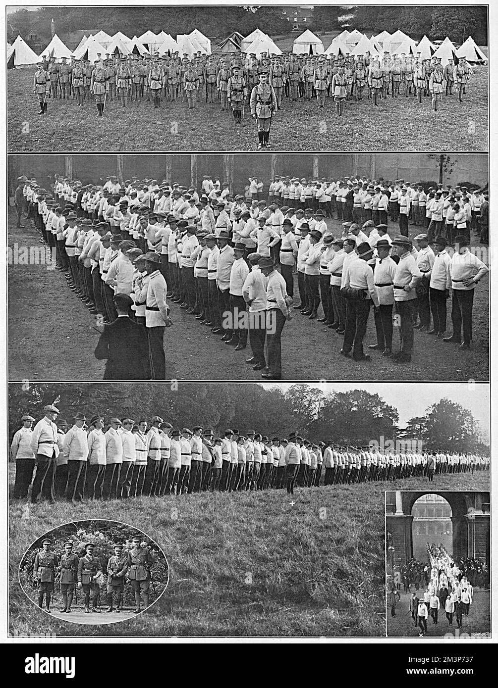 Photographs of the United Arts Rifles, one of the volunteer regiments formed during the First World War and among whose ranks were many members of the artistic and dramatic professions.  Among the men pictured is the actor, Mr Arthur Holmes Gore (marked with a cross in the botton right picture and seen talking to a Mr Weguelin in the middle image), who was killed fighting in the Dardanelles.  Top photograph shows the company of the Corps in camp at Churt, near Farnham.  The centre photograph was taken at Earl's Court in September 1914 when the Corps was first formed.  The lower photograph show Stock Photo