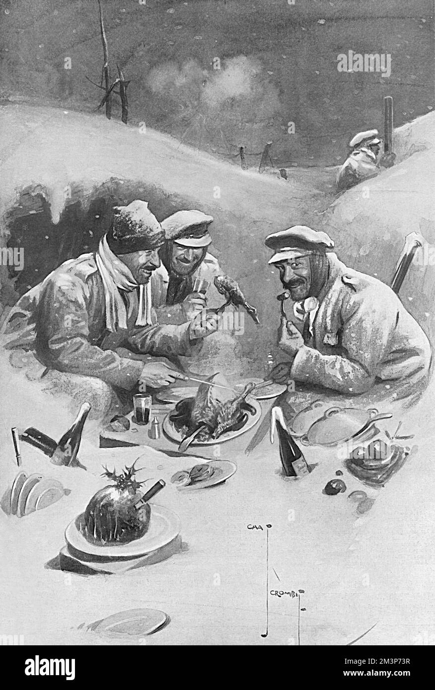 &quot;God Rest You, Merry Gentlemen, may nothing you dismay&quot; - a festive view of a British trench on the Western Front with soldiers, rather implausibly, sitting in deep snowdrifts eating a Christmas dinner of turkey, pudding and wine while a comrade further up the trench keeps a look out with a periscope.       Date: 1915 Stock Photo