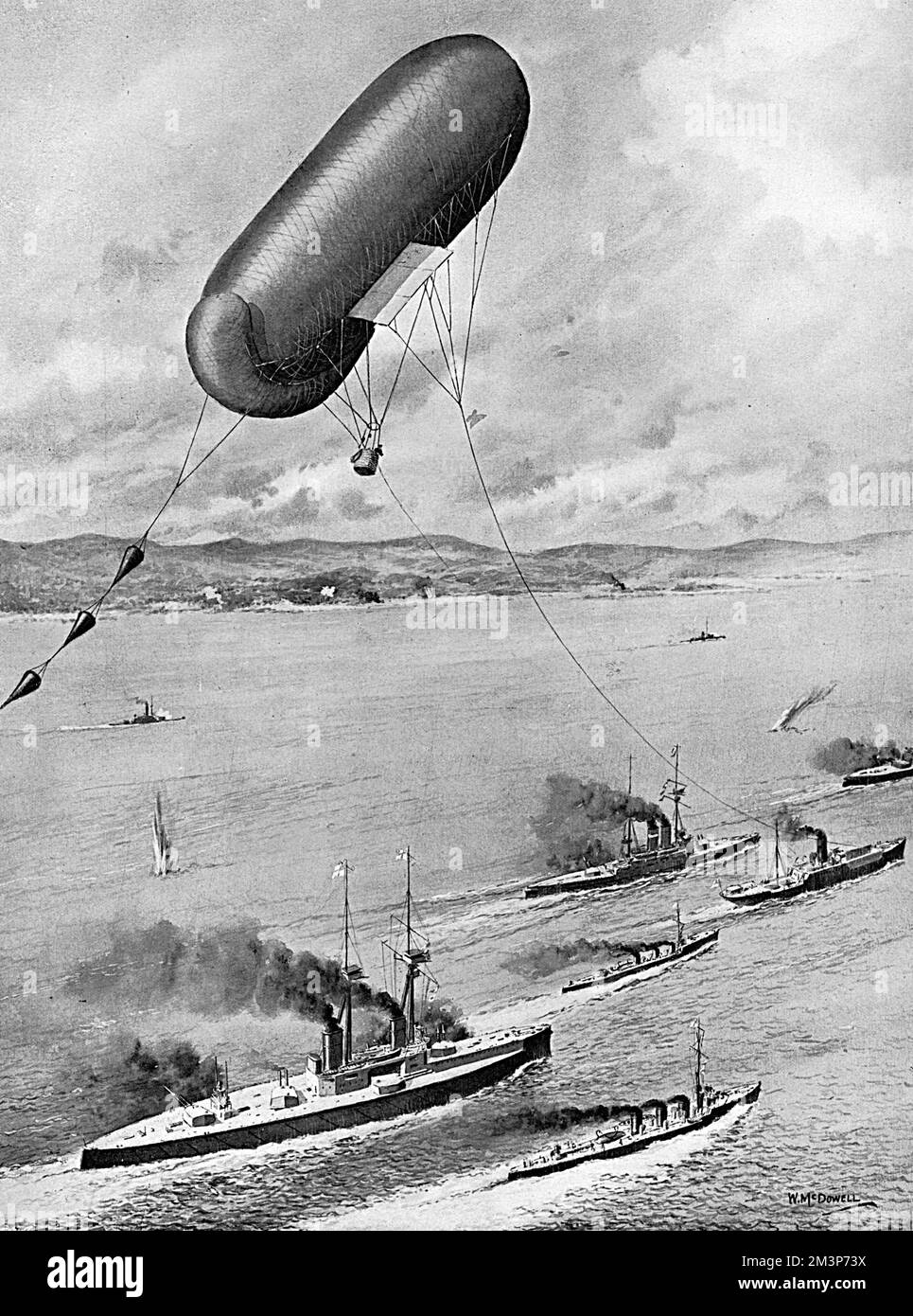 A kite-balloon in use for observation purposes during a coast bombardment.  The balloon is towed by a vessel which is specially adapted for carrying it (inflated) on deck.  A merchant ship, with the foremast removed and screens arranged for protection from heavy winds, is usually employed.  The observer, whose duty is to note the effect of the gunfire on the enemy's position, is in a basket slung below the balloon, and is in telephone communication with the mother-ship, which repeats the messages to the bombarding warships.       Date: 1915 Stock Photo