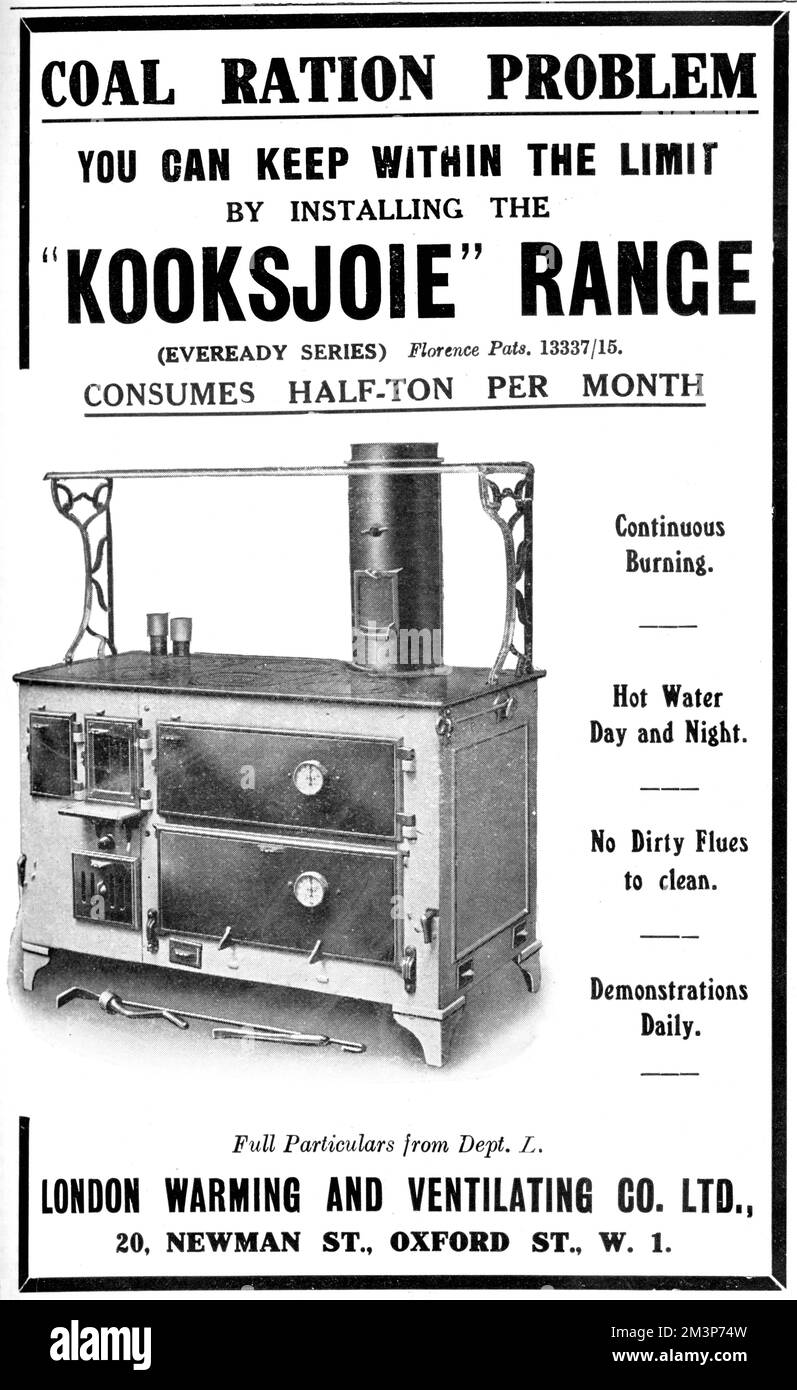 Kooksjoie range cooker, from the London Warming and Ventilating Co. Ltd,  a behemoth of a thing, whose manufacturers promise it consumes just half a ton of coal per month, thus helping families keep to the coal ration brought in during the First World War.     Date: 1918 Stock Photo