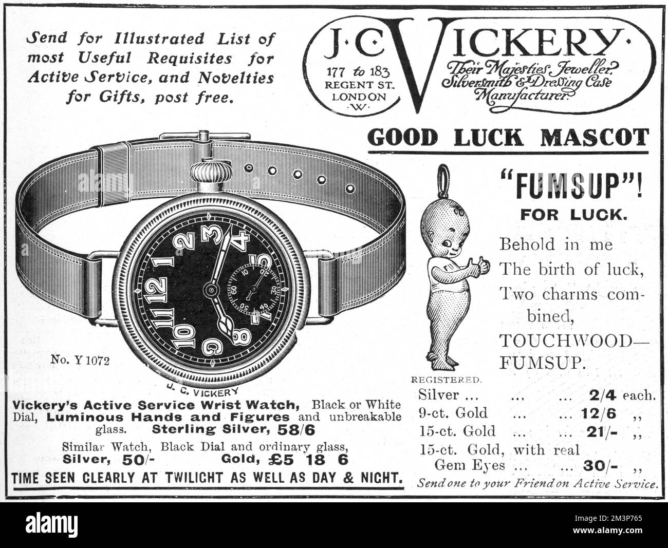Advertisement for J C. Vickery, Their Majesties' Jeweller, featuring an active service watch with luminous hands and figures and 'FUMSUP' for luck, a popular  lucky charm or talisman for soldiers. Stock Photo