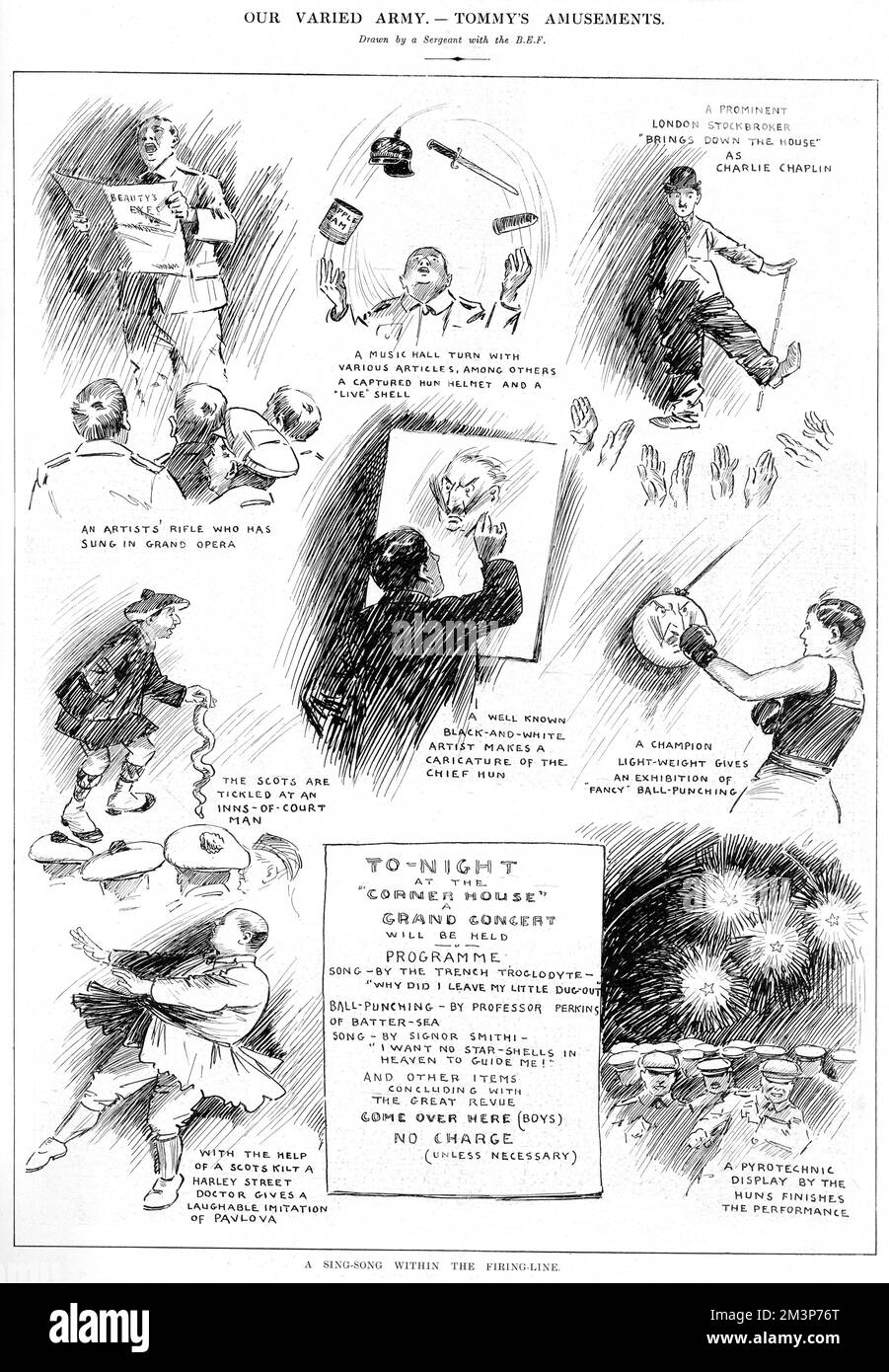 Sketches drawn by a sergeant with the B.E.F. of an evening's entertainment at the Front, showing various talents on display from an opera singer giving a recital and a Harley Street doctor giving a laughable imitation of Anna Pavlova.       Date: 1916 Stock Photo