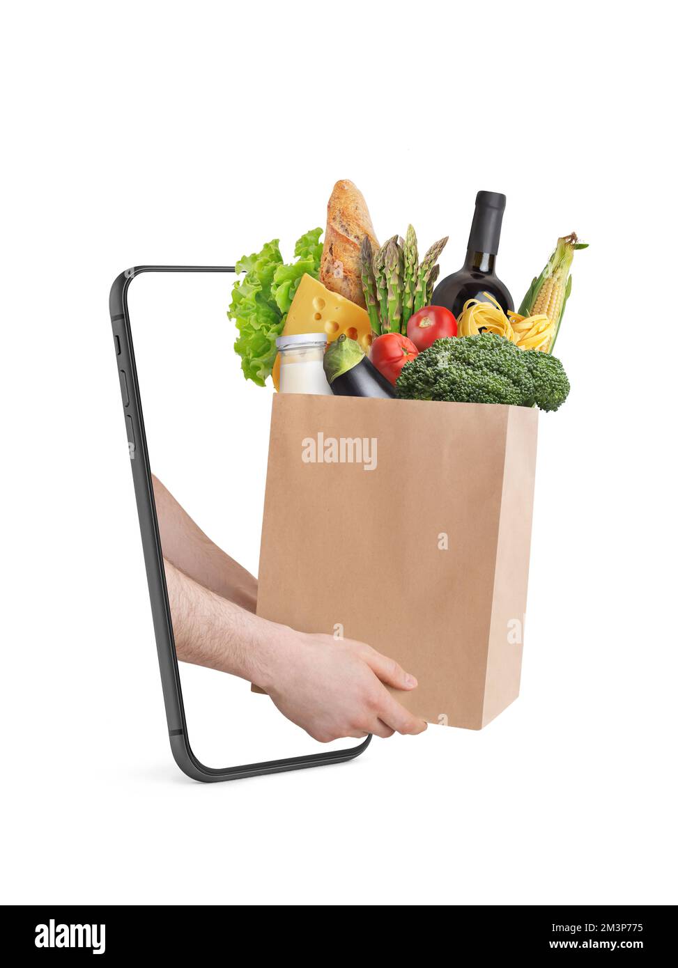 online food delivery concept. Hands with a package of groceries in the phone Stock Photo