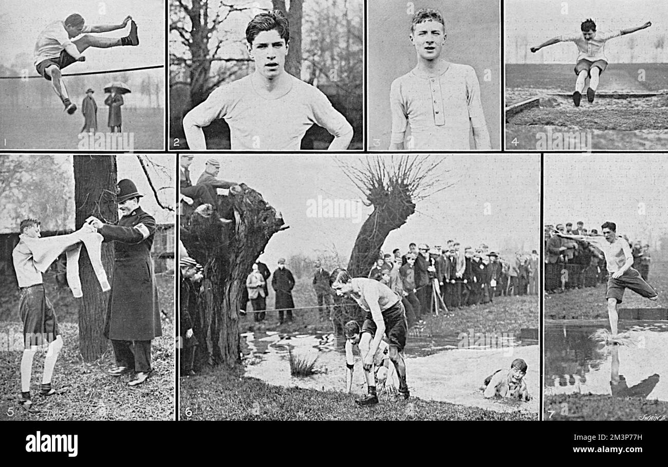 Sports at Eton College in 1916.  In the bottom left and bottom middle pictures is Prince Henry (later Duke of Gloucester), climbing out of the water jump in the steeplechase and with an attested constable who is helping him with a sweater after the race.  In other pictures:  1.  J. L. Baker winning the junior high jump, 2. D.W. Gurney, winner of the Senior Steeplechase, 3. Hon. E. V. Rice, winner of the Junior Steeplechase, 4. I. J. Pitman winning the Junior Long Jump and 7. D. W. Gurney at the water jump in the senior race.  Prince Henry came a very respectable twelth out of a field of 100 co Stock Photo