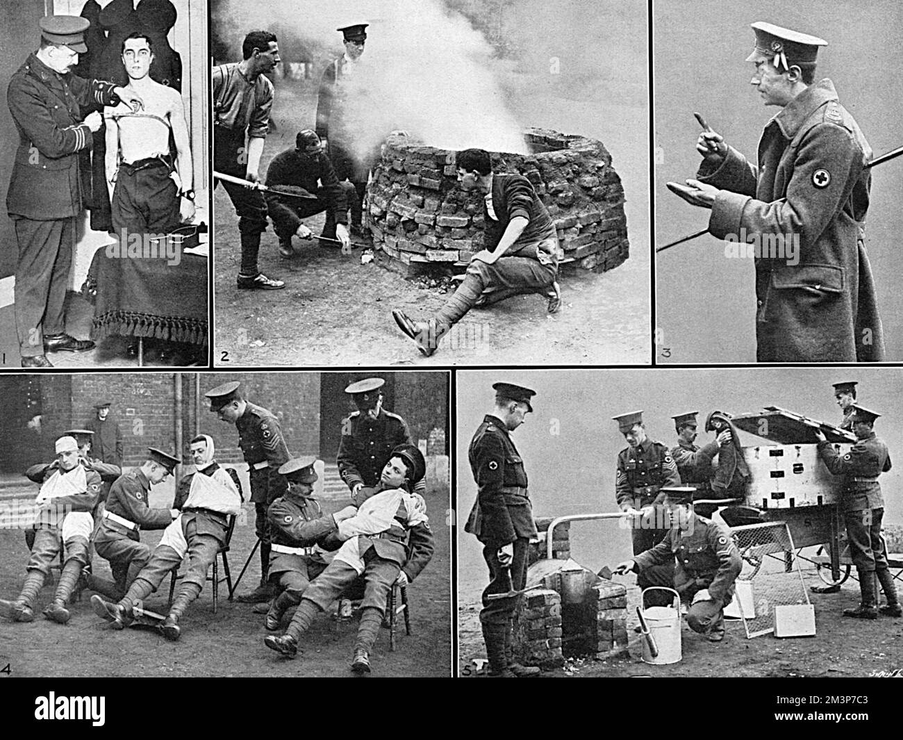 The Royal Army Medical Corps in training at the Duke of York's Headquarters, Chelsea.  1.  Medical inspection before enlistment, 2. using the incinerator, built by the men for the destruction of refuse, 3. &quot;The Man to See&quot; - a recruiter for the corps enforcing his arguments. 4. A lesson in bandaging, 5. Using a steam disinfector for purifying clothes.       Date: 1915 Stock Photo