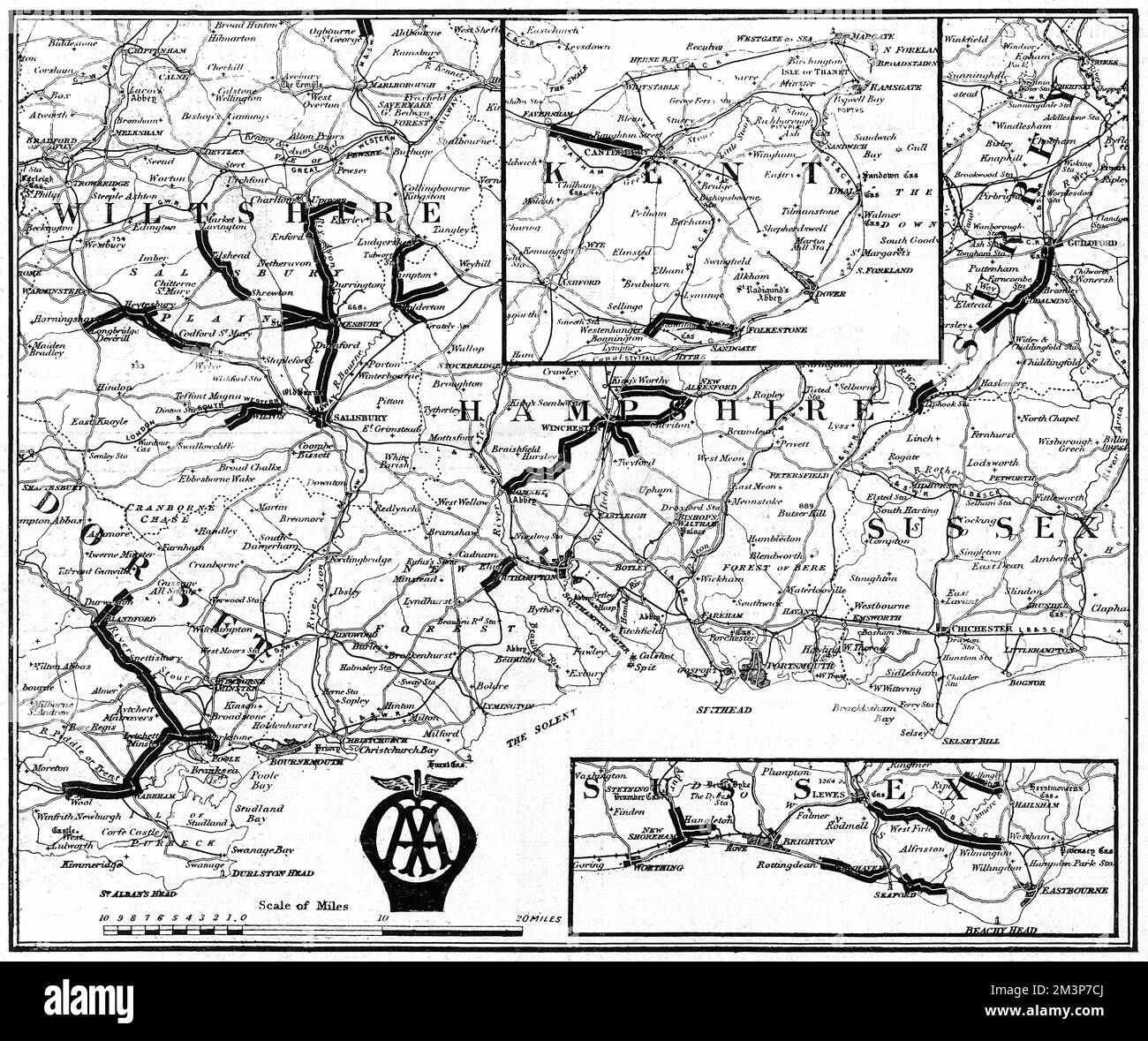 A map of the Southern counties of Britain prepared by the Automobile Association and the Motor Union to indicate the stretches of road extensively damaged by the passage of military traffic and which civilian motorists were advised to avoid.  Roads in Wiltshire, Dorset, Hampshire, Sussex and Kent are all shown.       Date: 1915 Stock Photo