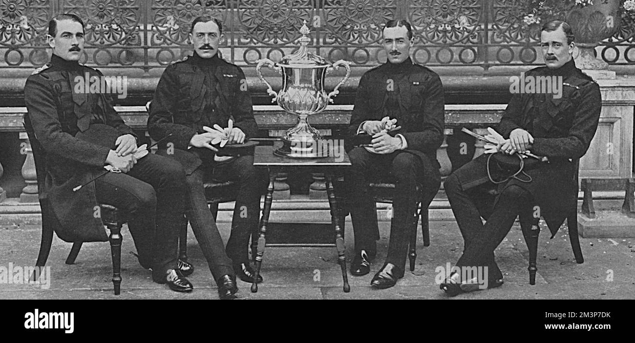 A quartette representing the Royal Horse Guards polo team who won the inter-regimental cup in 1910 and 1912 and the Ranelagh Open Cup in 1911.  From left to right are shown, Captain J. F. Harrison, H. E. Brassey, G.V.S. Bowlby and Lord Alastair Innes-Ker.  Lt. Col. H. E. Brassey was attached to the South Lancashire Regiment and killed in July 1916 and Captain Bowlby lost his life earlier that year.  Both Harrison and Lord Innes-Kerr were badly wounded in 1914.       Date: 1916 Stock Photo
