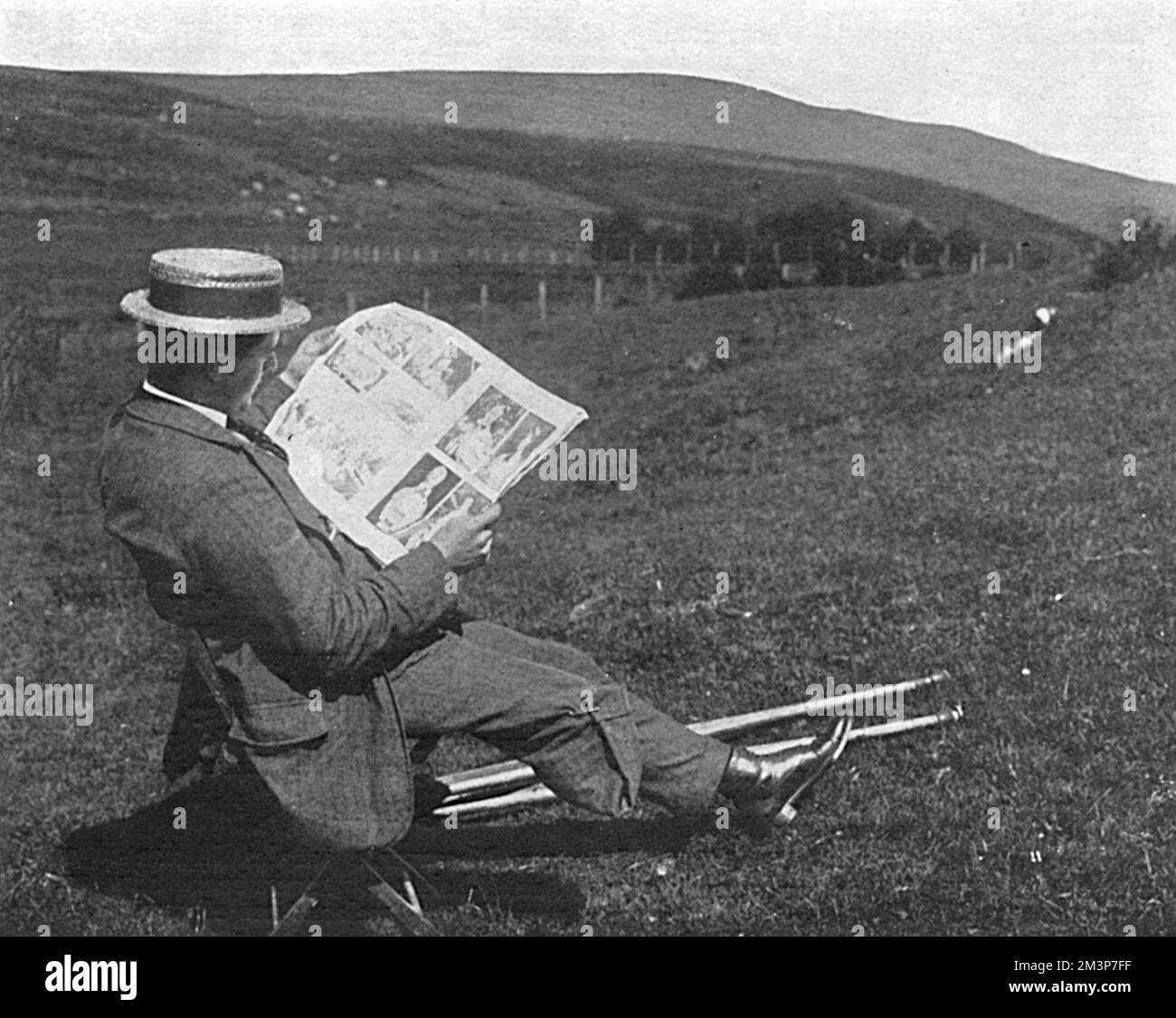 An Argyll and Sutherland Highlander, who lost a foot during the Battle of Festubert, recuperating amongst his native mountains.       Date: 1916 Stock Photo