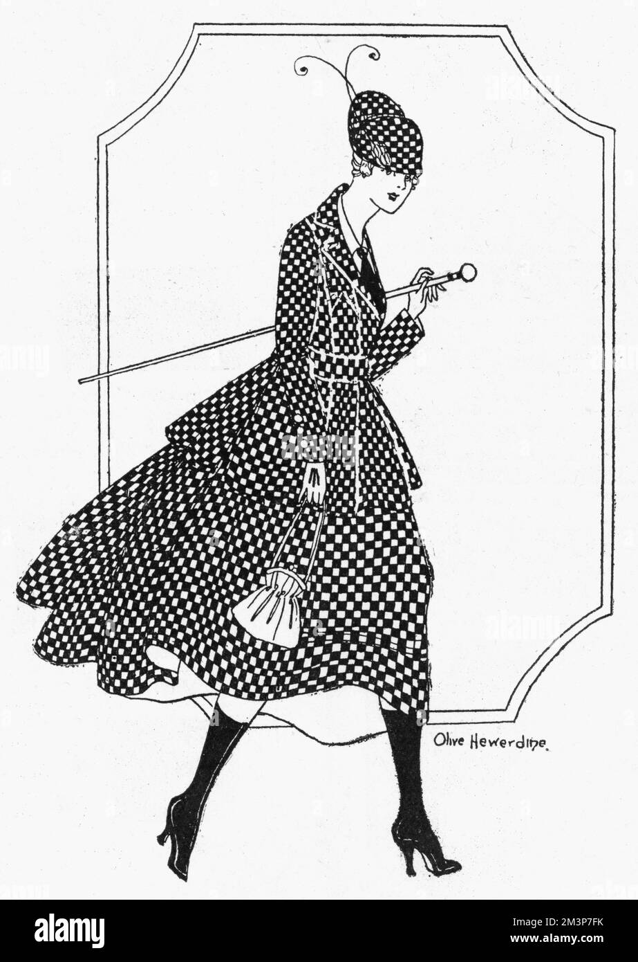 A dashing black and white check Burberry suit with a full skirt, a coat 'smart and practical for sport and country wear' worn with a matching close-fitting hat.       Date: 1916 Stock Photo