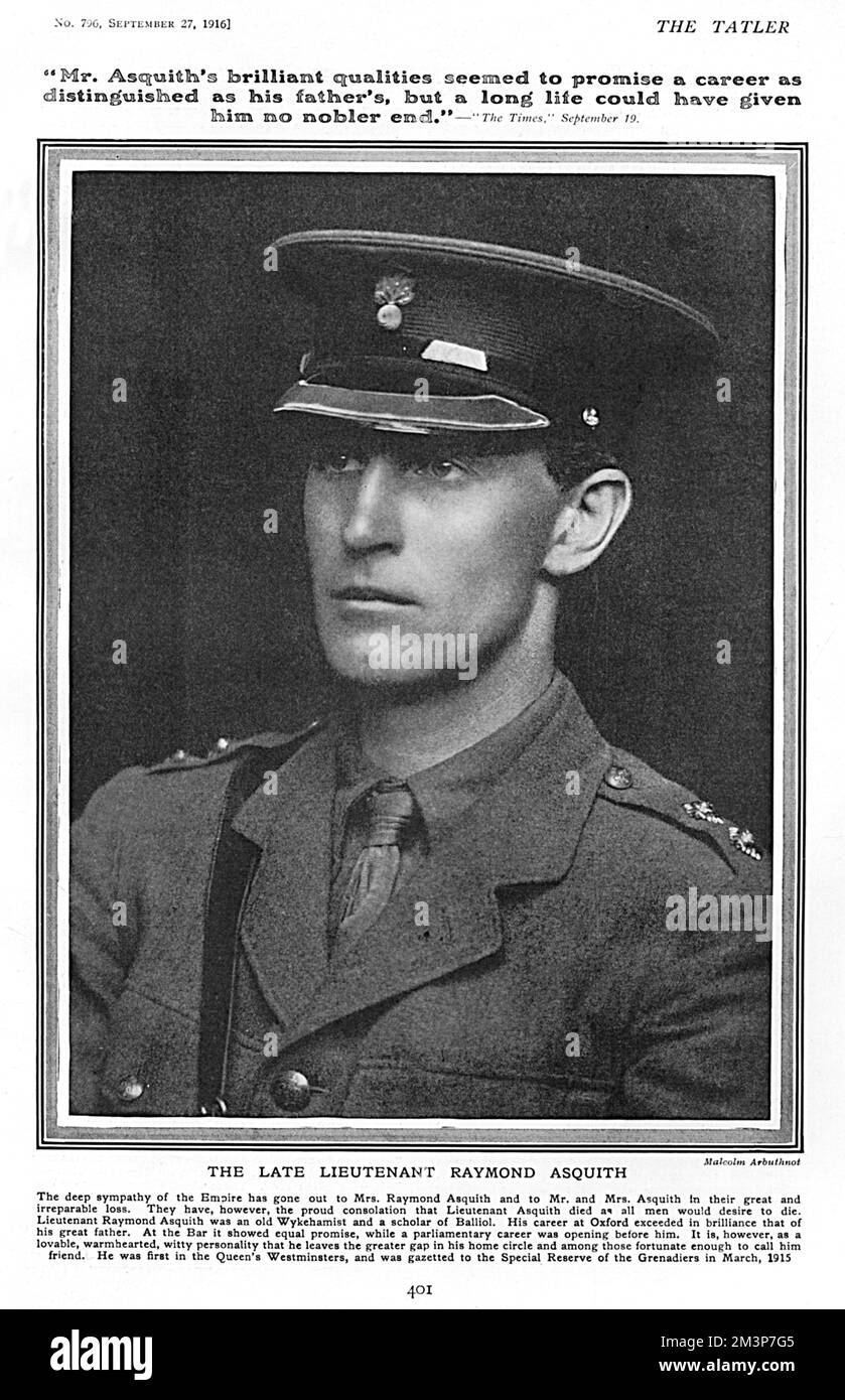 Raymond Asquith (1878-1916), eldest son of Prime Minister H. H. Asquith, lawyer and member of the group of Edwardian intellectuals known as the Coterie. Killed in action at the Battle of Flers-Courcelette on 15 September 1916 was seen as symbolic of the end of the Edwardian era during World War I. Page from The Tatler reporting on his death, with a quote from The Times.      Date: 1916 Stock Photo