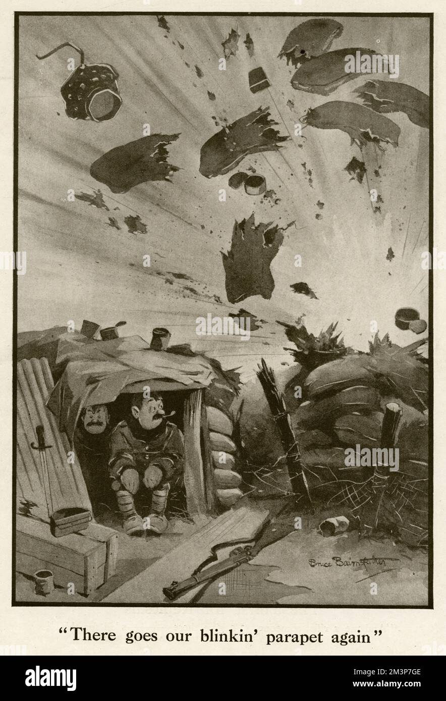In this cartoon by Bruce Bairnsfather, a mortar strike obliterates a hefty part of the trench living area, while the cynical soldiers sit by, looking fairly apathetic to the whole experience.     Date: 1915 Stock Photo
