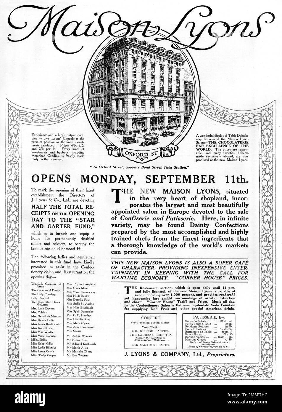 Advertisement for the opening of the latest branch of J. Lyons &amp; Co, in Oxford Street, London, opposite Bond Street tube station.  Devoted to the sale of Confiserie and Patisserie, the cafe offered 'dainty confections prepared by the most accomplished and highly trained chefs.'  The restaurant section was open daily until 11 pm and full licensed and capable of accommodating 1000 people.  To mark the opening of their latest establishment the Director were devoting half the total receipts on the opening day to the Star and Garter Fund to furnish and equip a home for permanently disabled sail Stock Photo