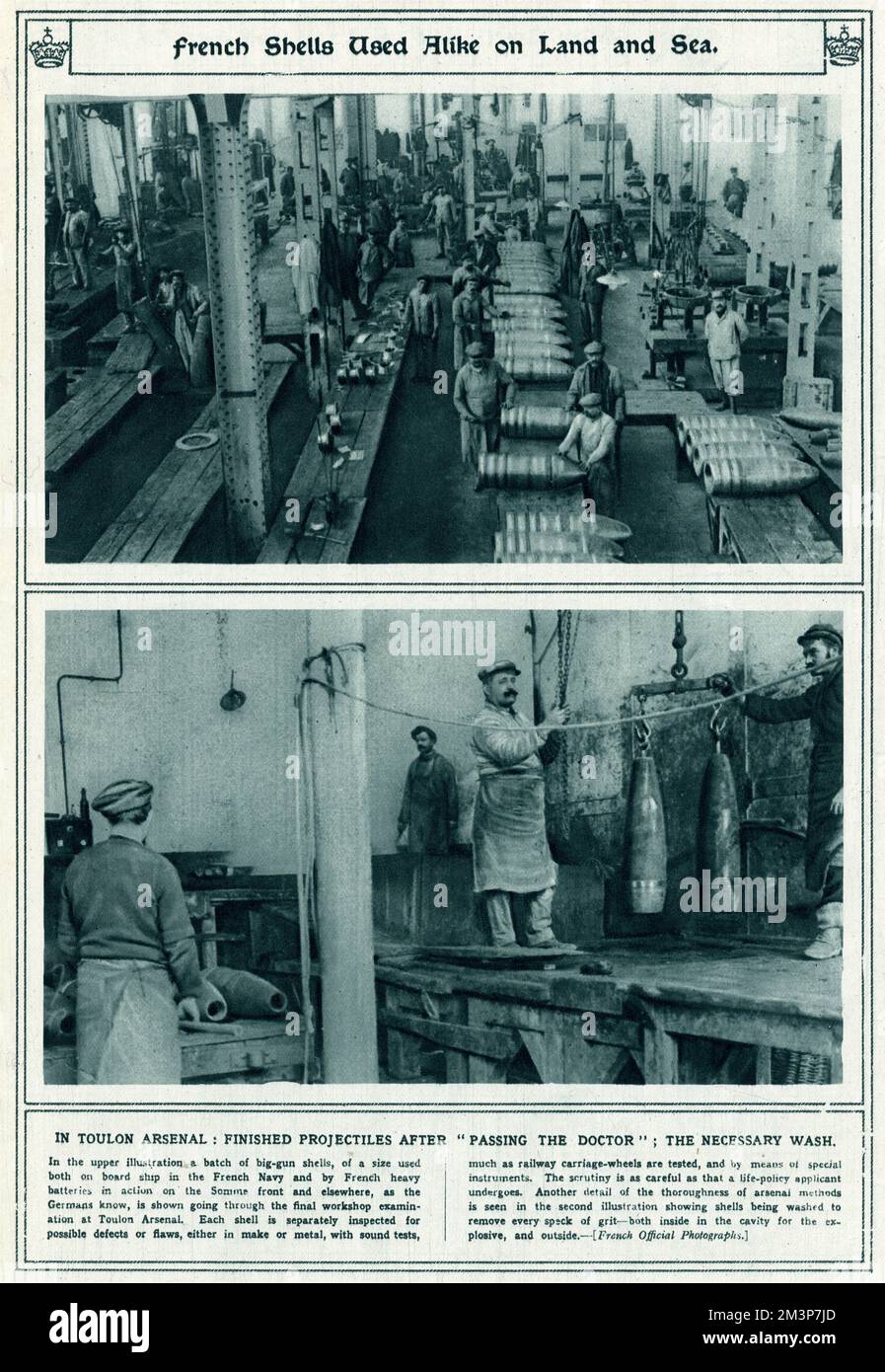 In Toulon arsenal: Finished projectiles after &quot;passing the doctor&quot;; the necessary wash.  Upper photograph: showing big-gun shells, of a size used both on board ship in French Navy and by a French heavy batteries in action on the Somme front and elsewhere.  Each shell is separately inspected for possible defects or flaws, either in make or metal.  Lower Photograph:  Showing shells being washed to remove every speck of grit - both inside in the cavity.     Date: 1917 Stock Photo