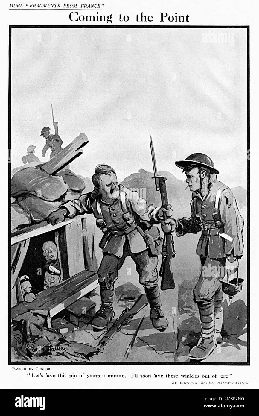 'Coming to the Point'  &quot;Let's 'ave this pin of yours a minute. I'll soon 'ave these winkles out of 'ere&quot;    A cartoon by Captain Bruce Bairnsfather in The Bystander     Date: 1916 Stock Photo