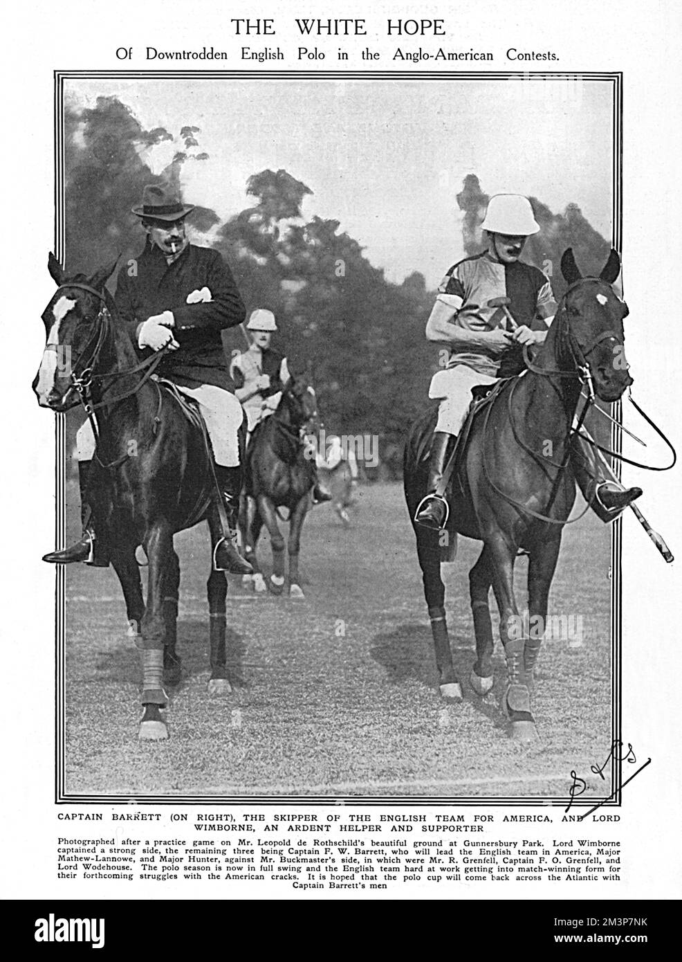 Captain Frederick Barrett, captain of the 1914 England polo team, pictured with Lord Wimborne, a supporter and helper of the team, at a practice game on Leopold de Rothschild's ground at Gunnersbury Park.  The Tatler entitled the image, 'The White Hope - of downtrodden English polo in the Anglo-American contests.'  England had been beaten by America in the recent previous contests over the Westchester Cup, but in 1914, they achieved a historic and emphatic victory with the team of Captains Barrett, Cheape, Tomkinson and Lockett.     Date: 1914 Stock Photo