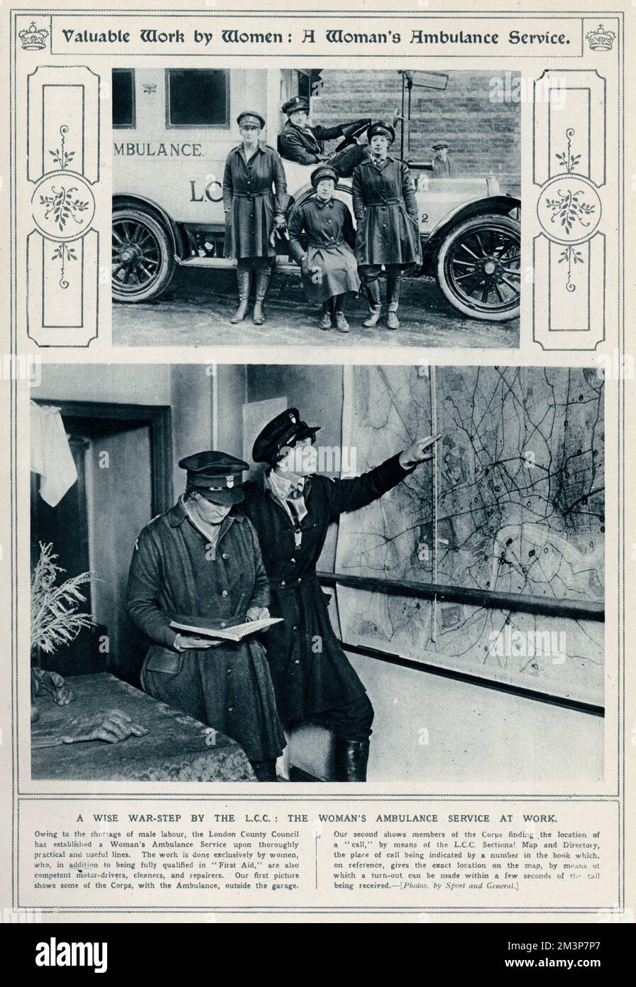 Owing to the shorage of male labour, the London County Council established a Women's ambulance service, quailfied in first aid and competent motor drivers.  Top photograph:  shows some of the Corps, with the ambulance, outside a garage.  Bottom photograph:  members of the Corps finding the location of a call by means of the London County Council sectional map and directory.      Date: 1917 Stock Photo