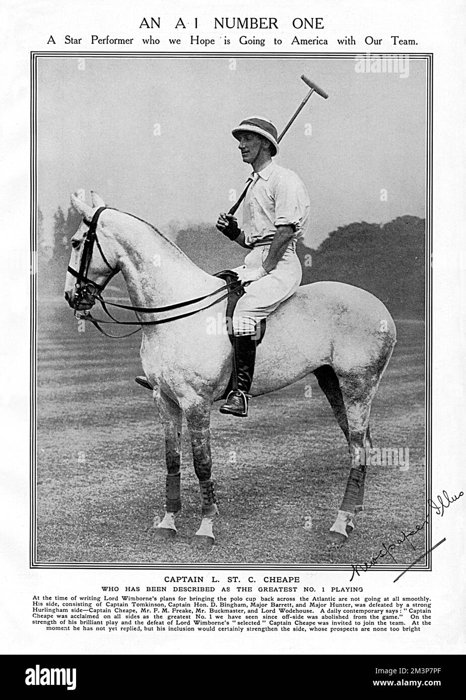 Captain Leslie St. Clair Cheape (1882-1916), British soldier and polo player dubbed, 'England's greatest polo player'. He played for England in the Westchester Cup three times in 1911, 1913 and 1914. He was killed on 23 April 1916 while commanding a squadron of the Worcestershire Yeomanry in Egypt.  Pictured in The Tatler in 1914, and described as 'a star performer who we hope is going to American with our team.' Cheape did go and was pivotal in helping England win their historic victory over their American rivals in the International Polo Trophy (Westchester Cup), despite being impeded by bro Stock Photo