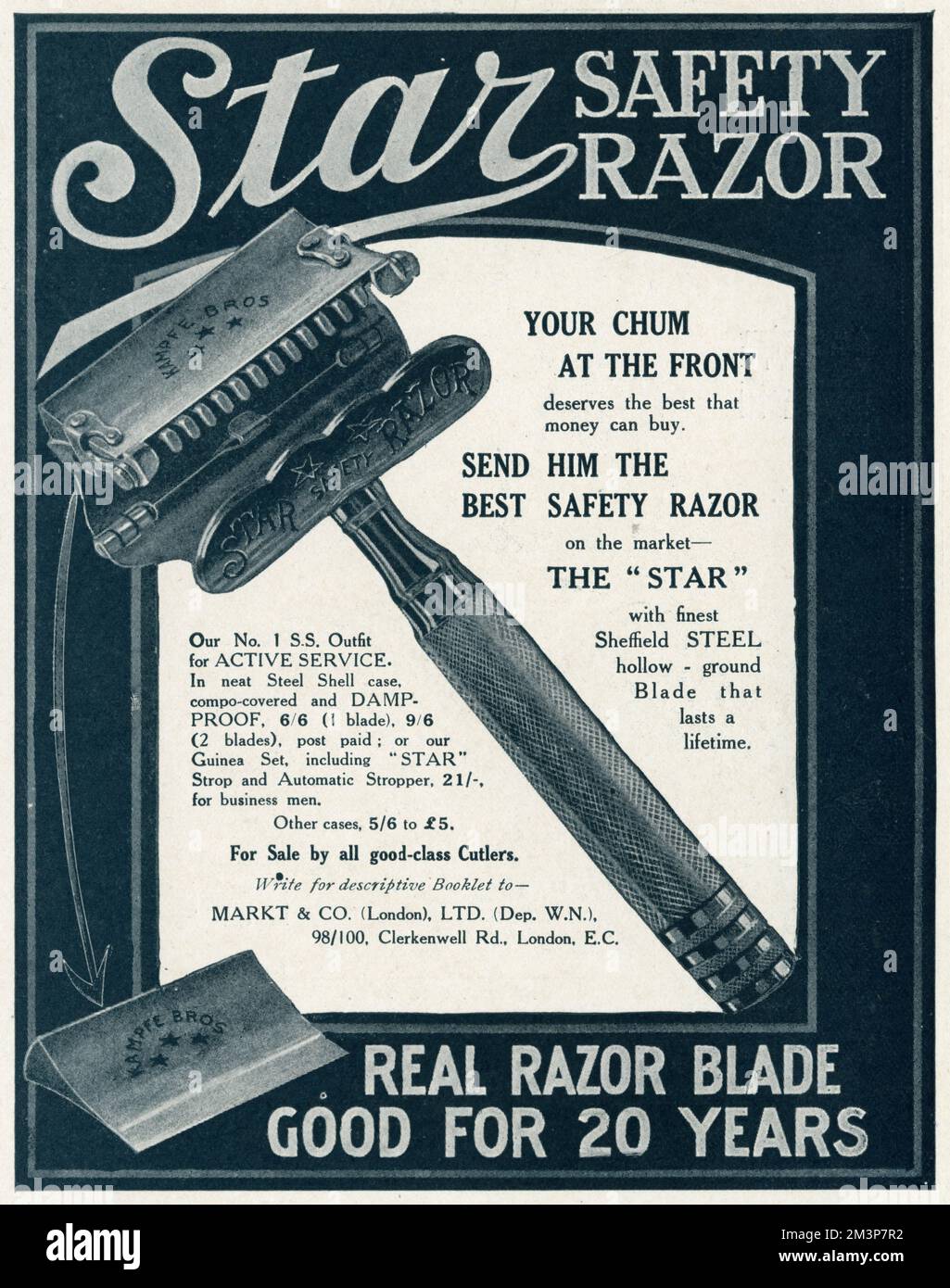 'Star' safety razor, your chum at the front deserves the best that money can buy'.  With finest sheffield steel hollow- ground blade that lasts a lifetime.  1915 Stock Photo