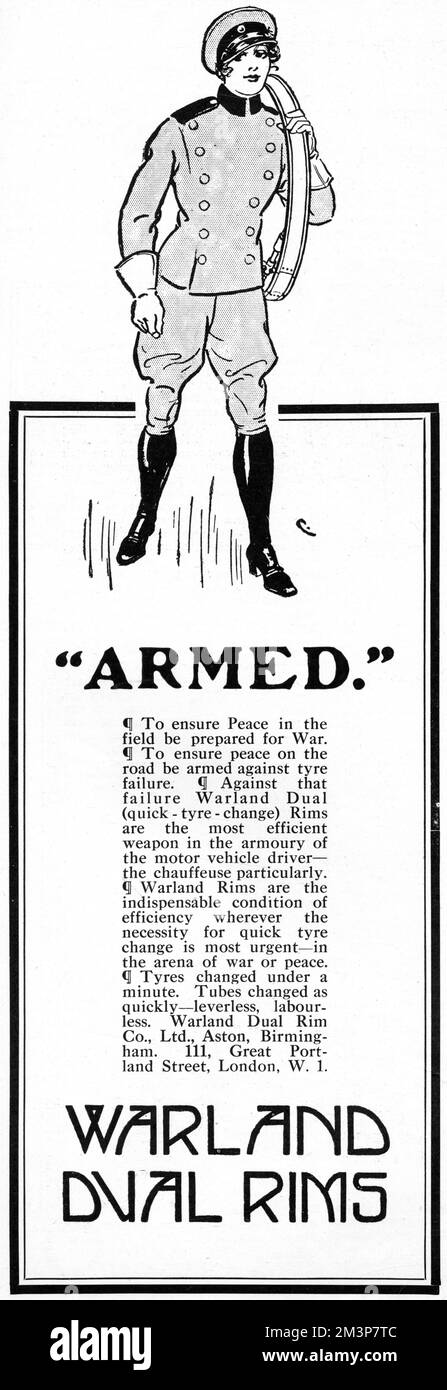 First World War advertisement for Warland Dual Rims for quick tyre changes - essential for the motor vehicle driver, and the chauffeuse particularly.  The war saw a large number of women fill traditionally held male role including driving work as chauffeurs.       Date: 1917 Stock Photo